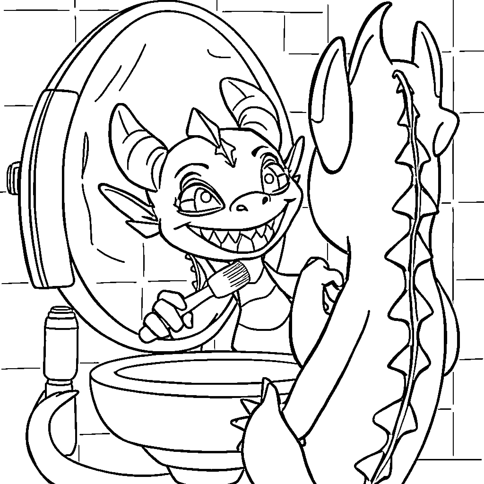 Toothless checking out his reflection in the mirror Coloring Page (free black-and-white line drawing printable PDF for all, from beginners to advanced learners, including children, teens, adults, and seniors)