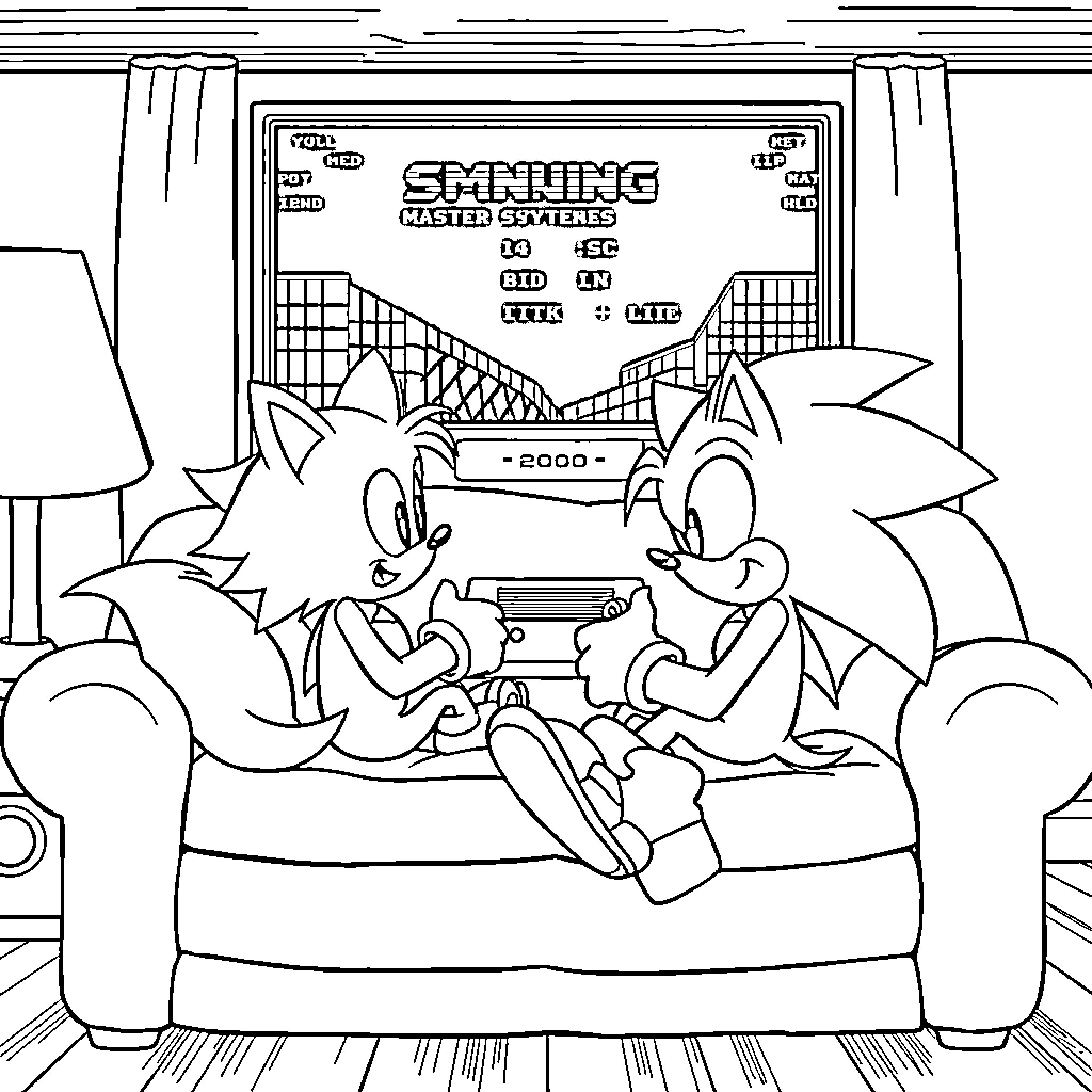 Sonic characters playing video games together Coloring Page (free black-and-white line drawing printable PDF for all, from beginners to advanced learners, including children, teens, adults, and seniors)
