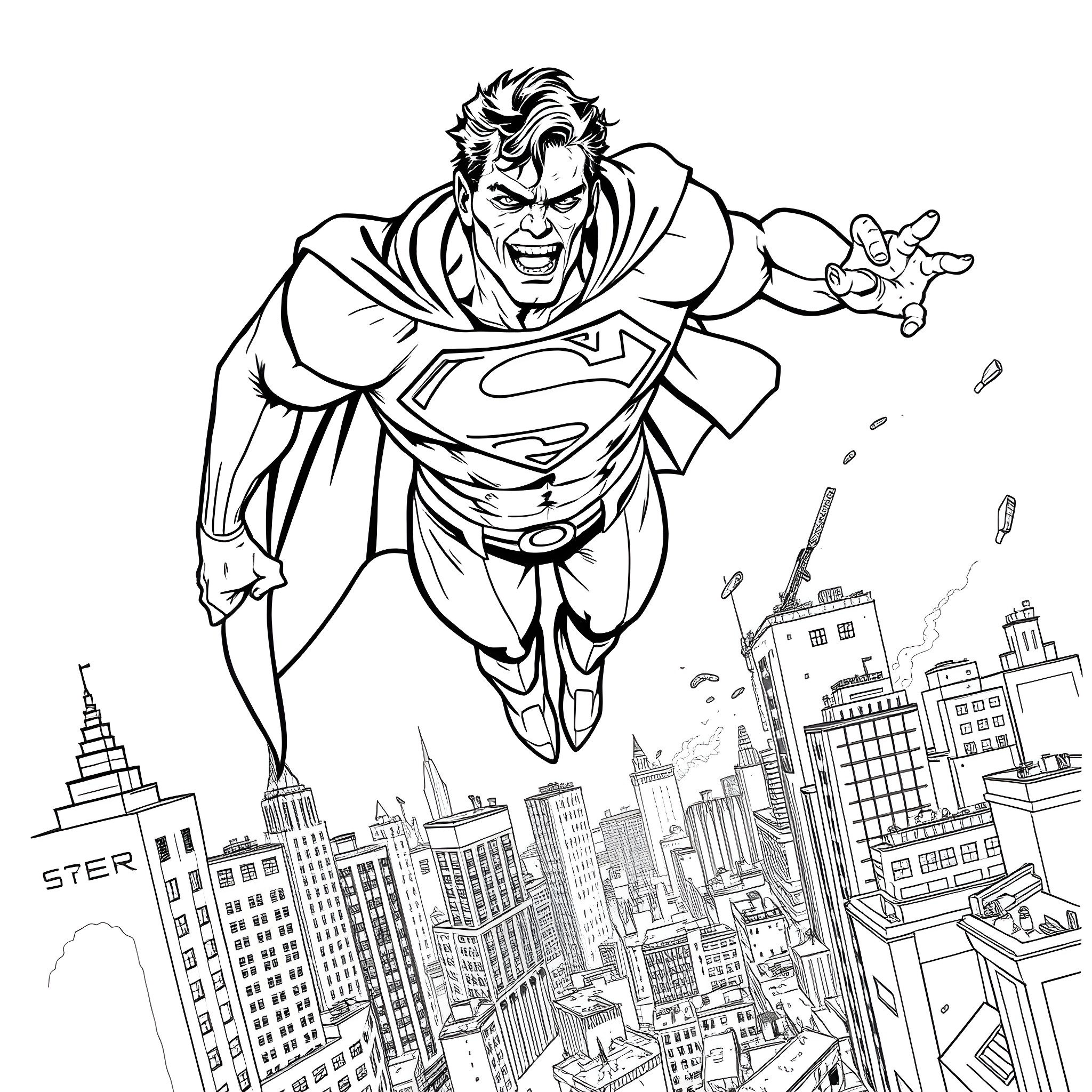 Zombie Superman Wreaking Havoc in the City Coloring Page (free black-and-white line drawing printable PDF for all, from beginners to advanced learners, including children, teens, adults, and seniors)