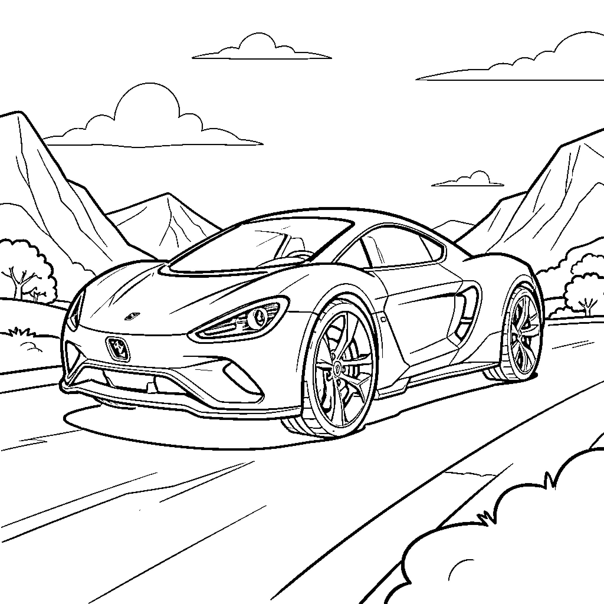 Vehicle driving swiftly on a mountain road Coloring Page (free black-and-white line drawing printable PDF for all, from beginners to advanced learners, including children, teens, adults, and seniors)