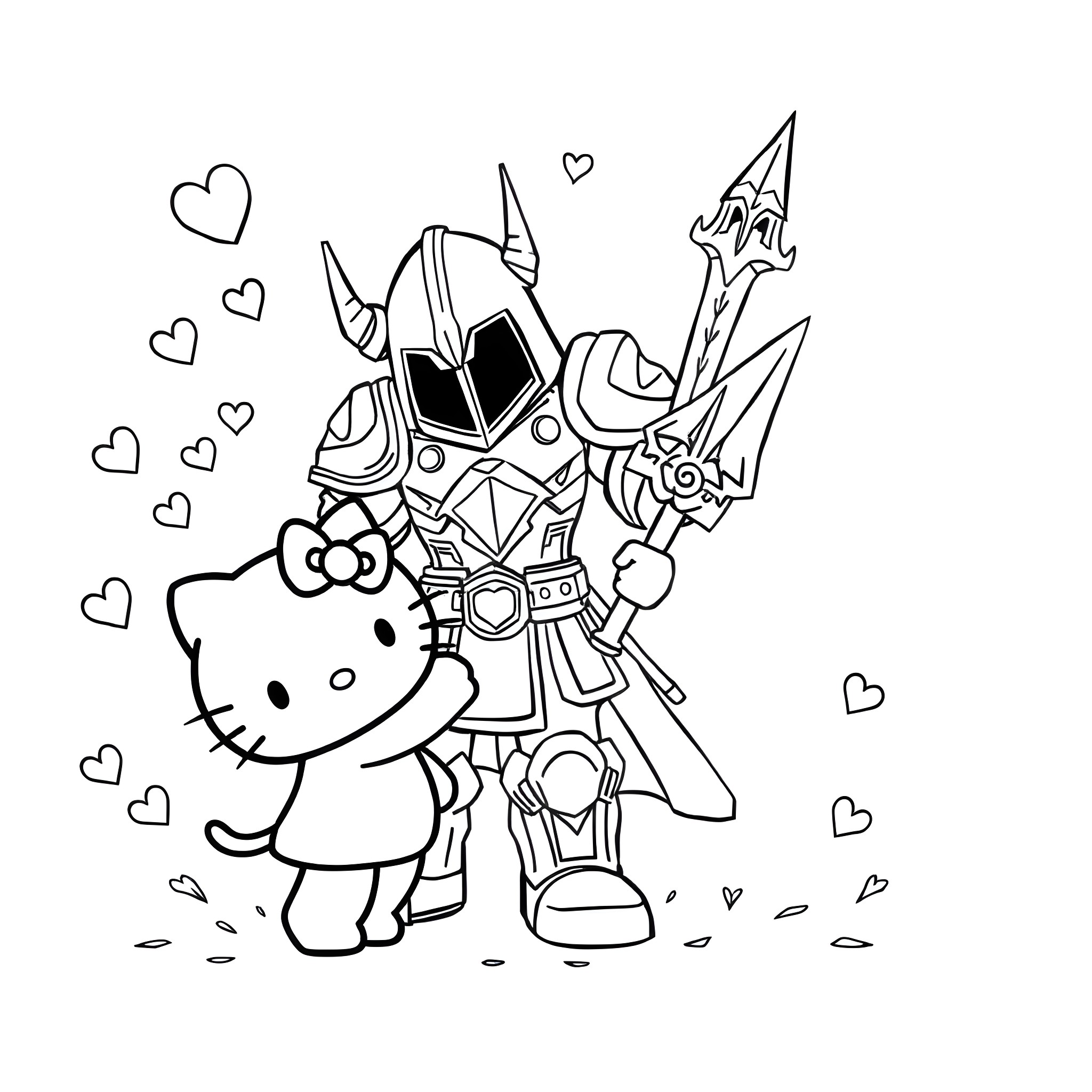 Hello Kitty playing with a Knight in Shining Armor Coloring Page (free black-and-white line drawing printable PDF for all, from beginners to advanced learners, including children, teens, adults, and seniors)