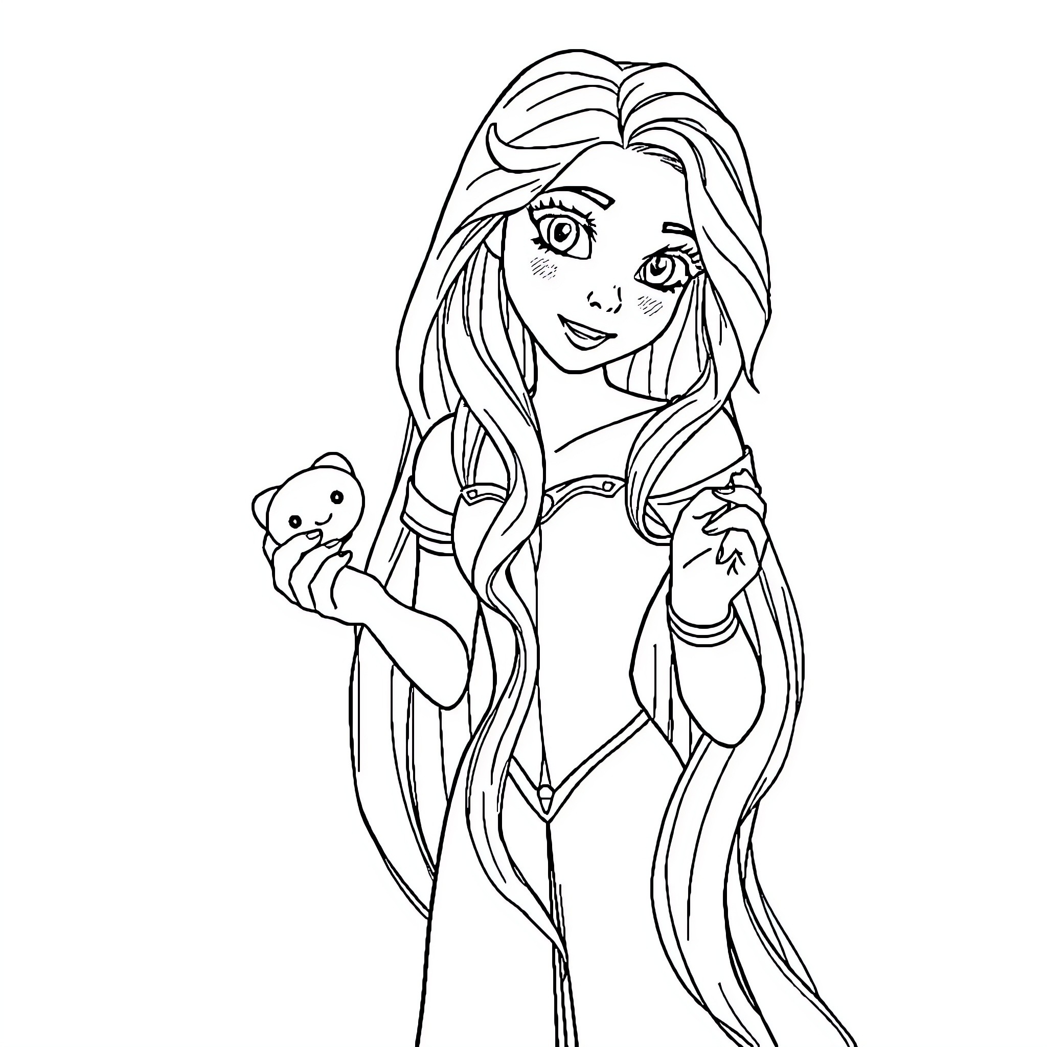 Rapunzel in her long flowing dress with animal companions Coloring Page (free black-and-white line drawing printable PDF for all, from beginners to advanced learners, including children, teens, adults, and seniors)