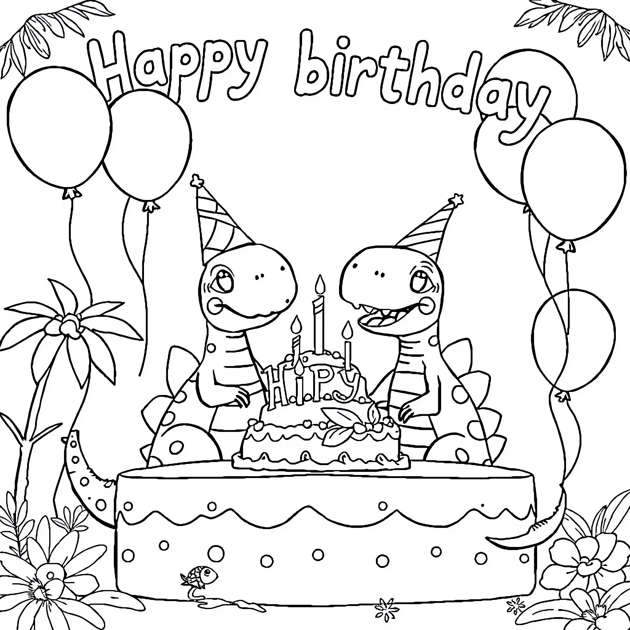 Dinosaurs celebrating a happy birthday Coloring Page (free black-and-white line drawing printable PDF for all, from beginners to advanced learners, including children, teens, adults, and seniors)