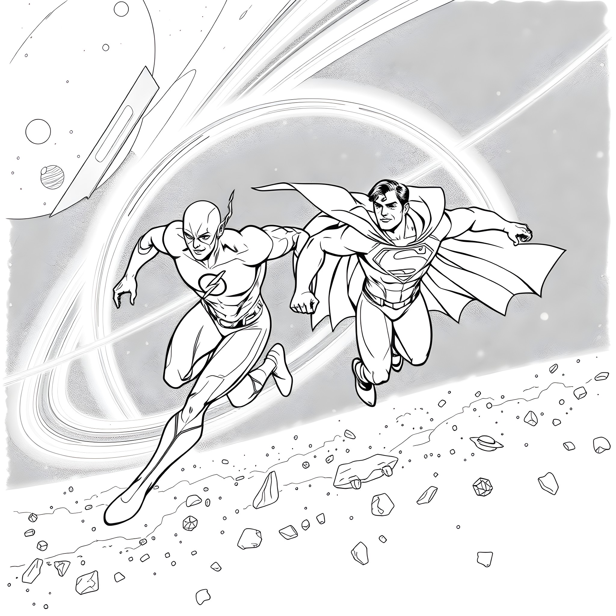 Flash of Heroic Duo in Cosmic Pursuit Coloring Page (free black-and-white line drawing printable PDF for all, from beginners to advanced learners, including children, teens, adults, and seniors)