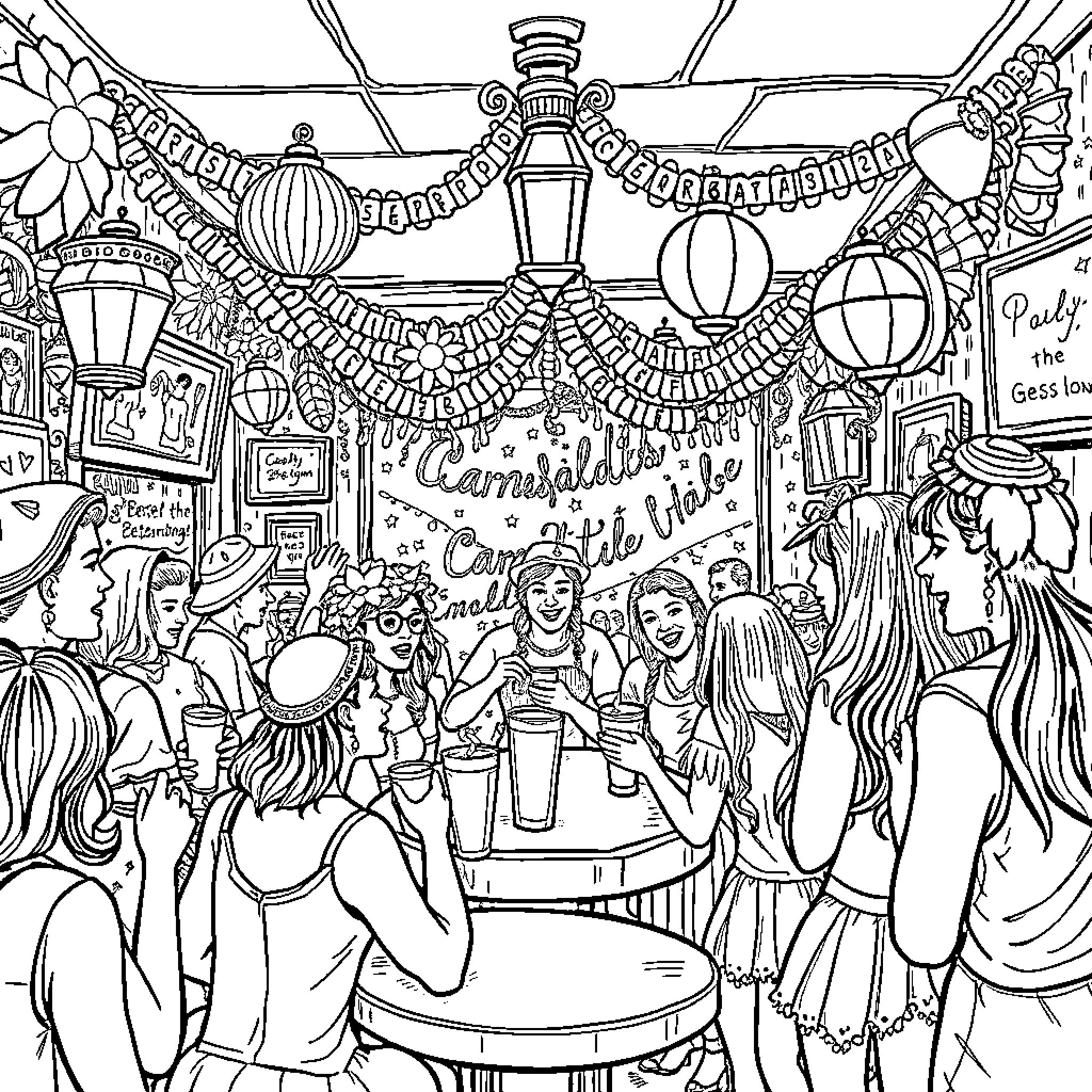 Carnival of festive celebration and revelry Coloring Page (free black-and-white line drawing printable PDF for all, from beginners to advanced learners, including children, teens, adults, and seniors)