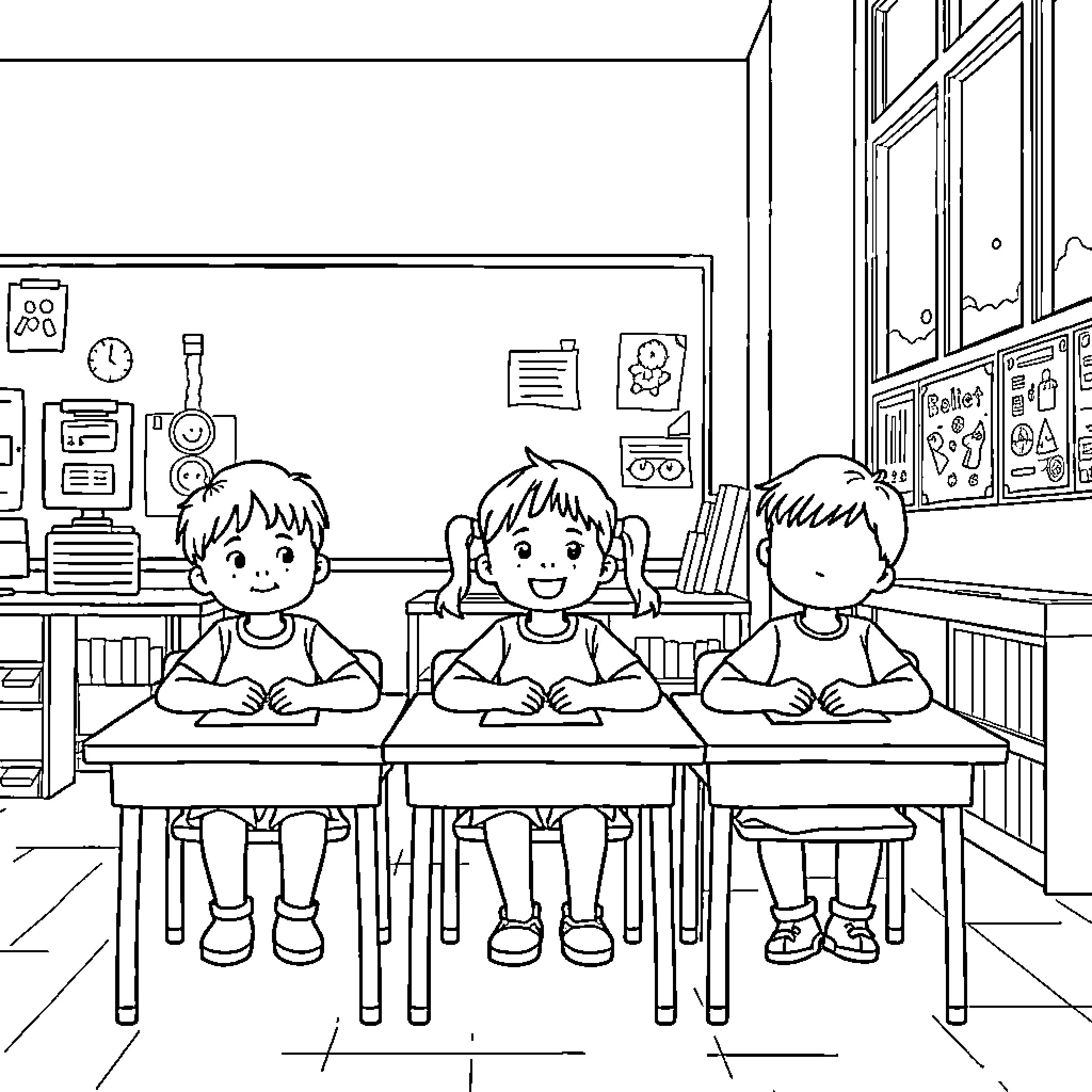 Children Studying Diligently in Classroom Coloring Page (free black-and-white line drawing printable PDF for all, from beginners to advanced learners, including children, teens, adults, and seniors)