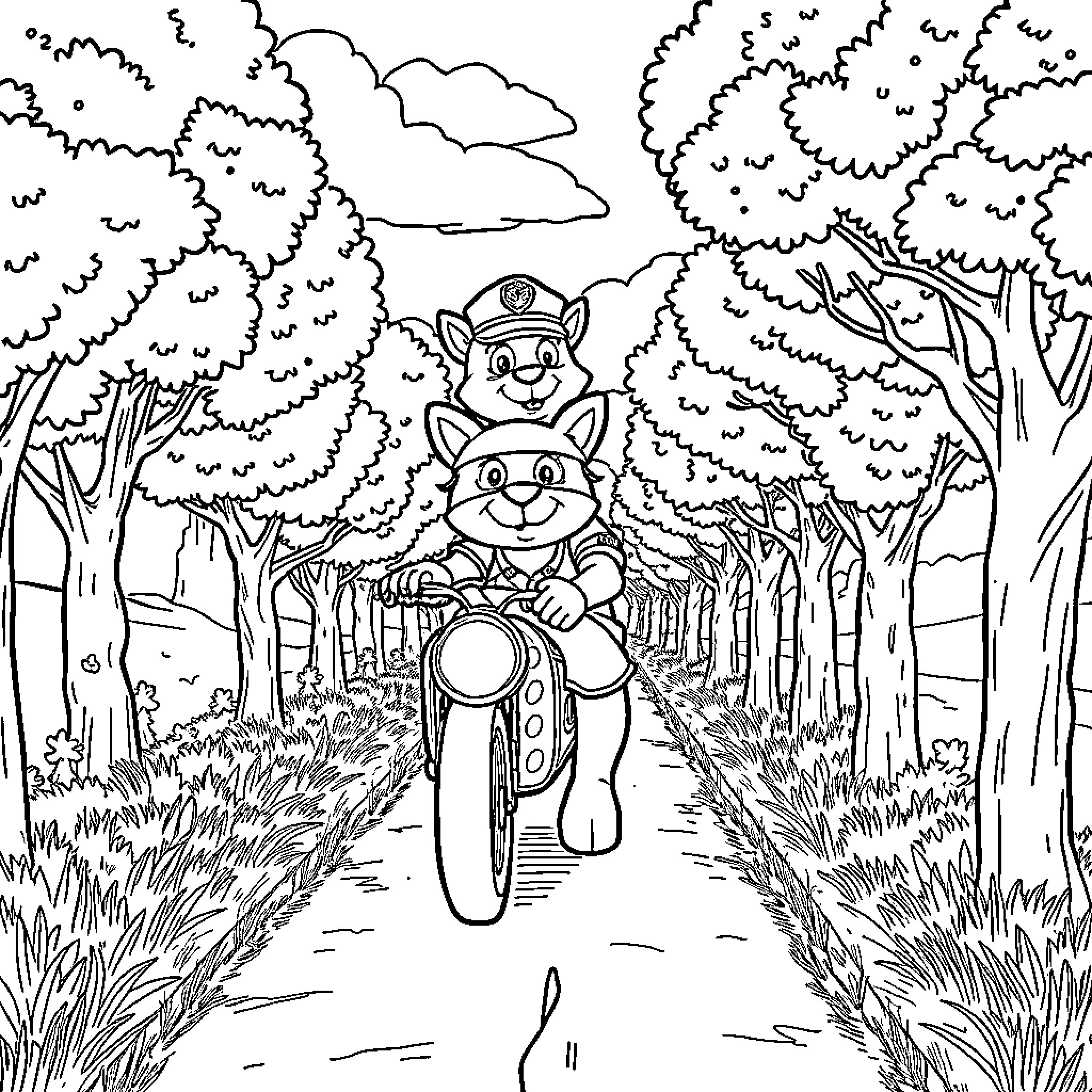 Patrol of Playful Pups on Woodland Path Coloring Page (free black-and-white line drawing printable PDF for all, from beginners to advanced learners, including children, teens, adults, and seniors)