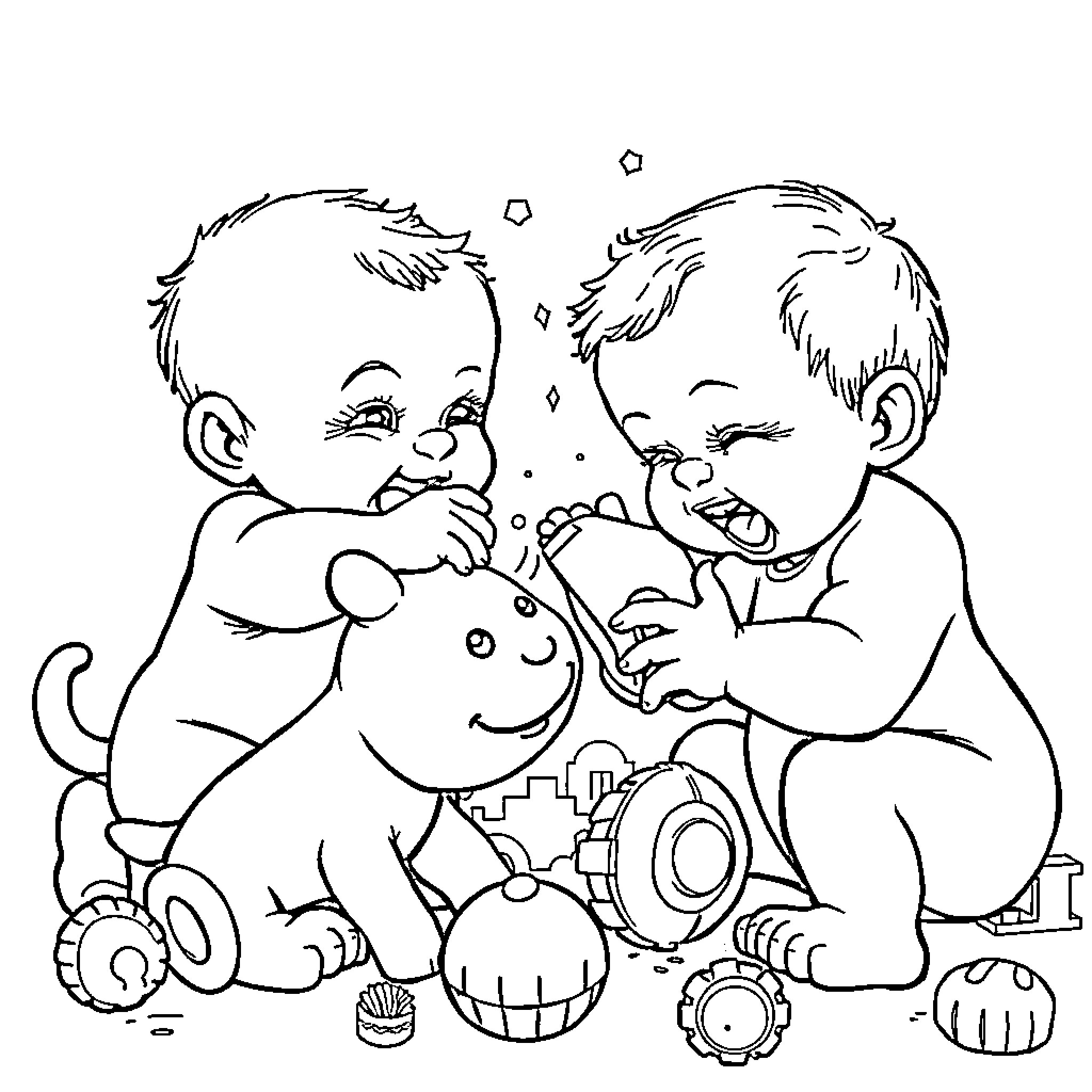 Baby Buddies Playing with Toys Together Coloring Page (free black-and-white line drawing printable PDF for all, from beginners to advanced learners, including children, teens, adults, and seniors)