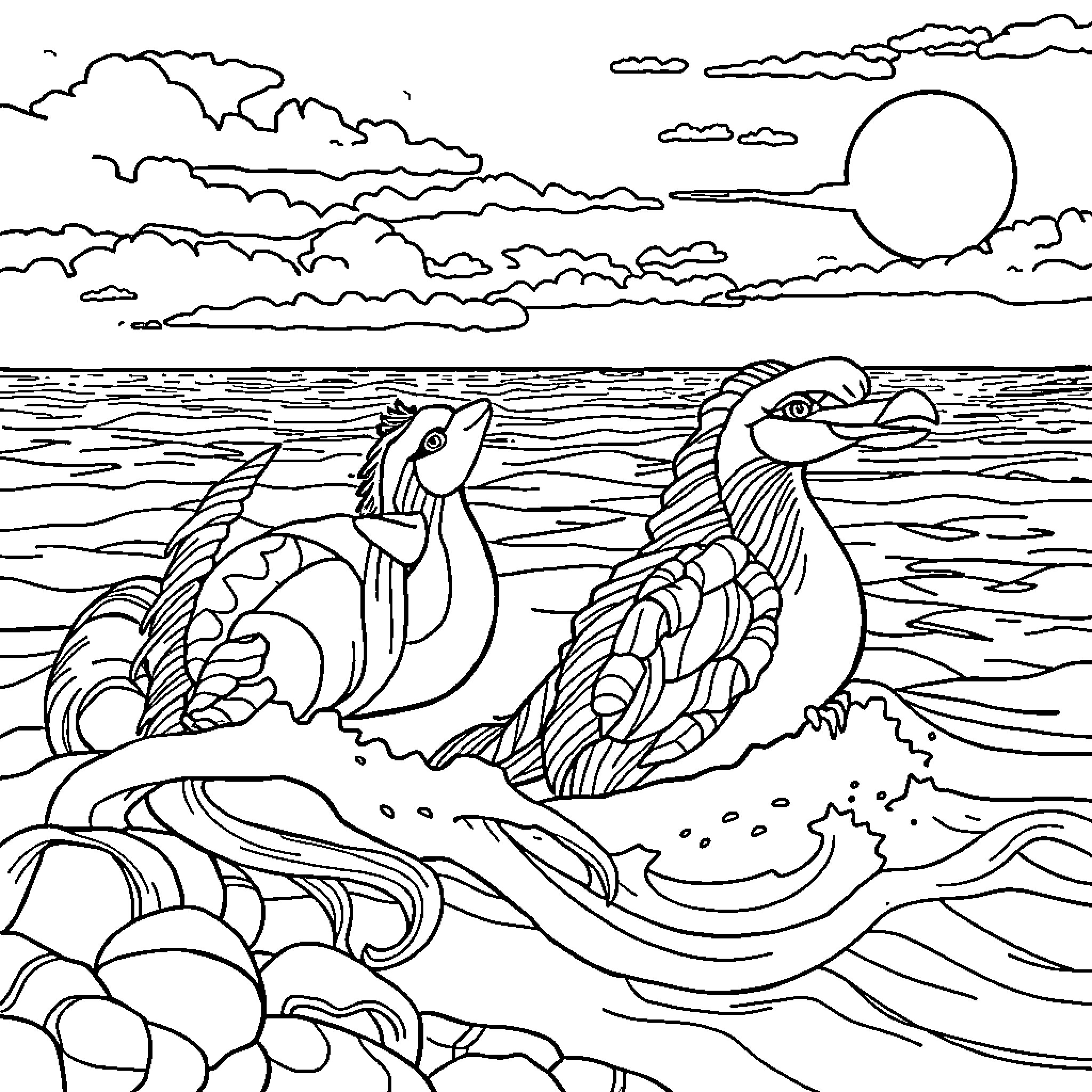 Unicorns swimming in the enchanted ocean Coloring Page (free black-and-white line drawing printable PDF for all, from beginners to advanced learners, including children, teens, adults, and seniors)