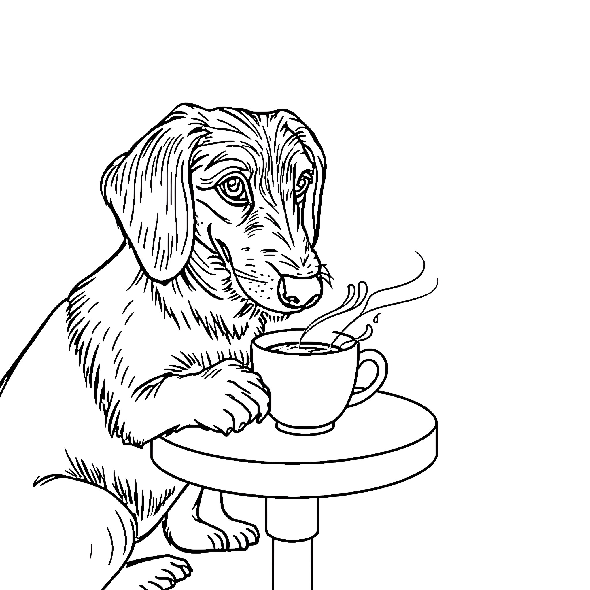 Dachshund enjoying a hot beverage Coloring Page (free black-and-white line drawing printable PDF for all, from beginners to advanced learners, including children, teens, adults, and seniors)
