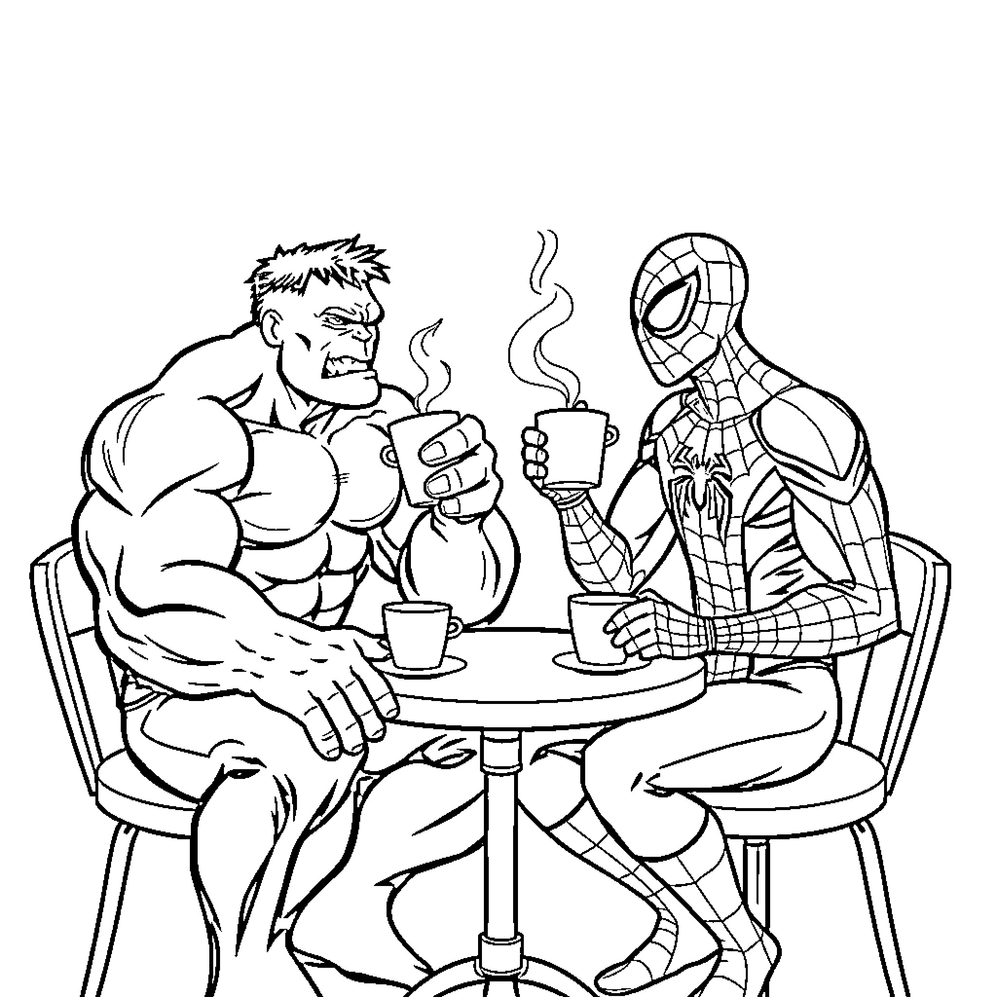 Hulk and Spiderman Chatting over Coffee Coloring Page (free black-and-white line drawing printable PDF for all, from beginners to advanced learners, including children, teens, adults, and seniors)
