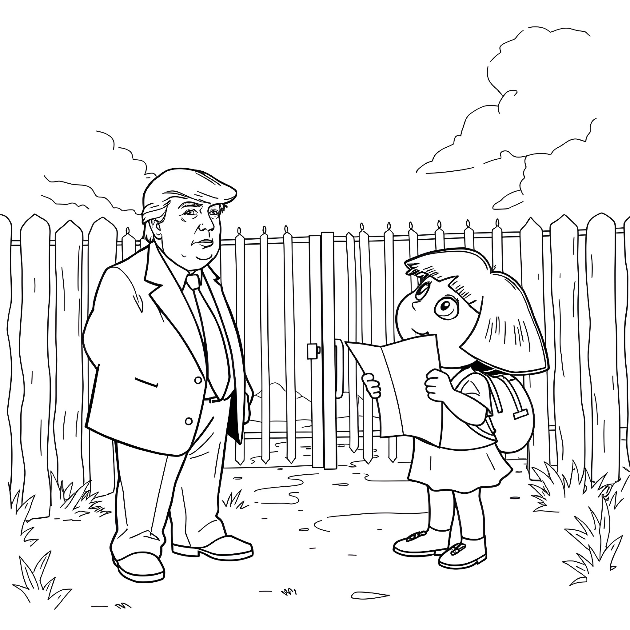 Donald Trump interacting with young girl in fenced yard Coloring Page (free black-and-white line drawing printable PDF for all, from beginners to advanced learners, including children, teens, adults, and seniors)