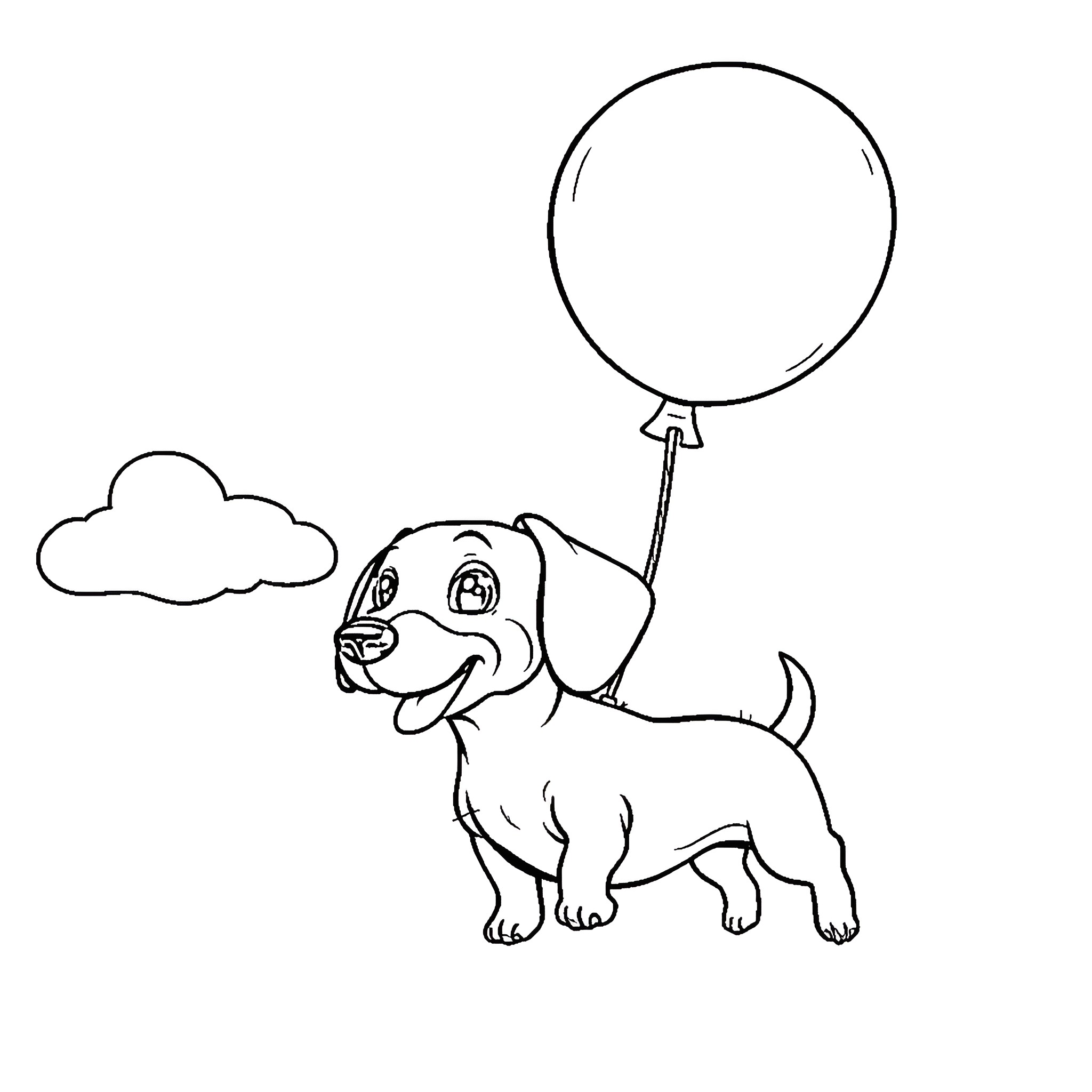 Dachshund playing with balloon Coloring Page (free black-and-white line drawing printable PDF for all, from beginners to advanced learners, including children, teens, adults, and seniors)
