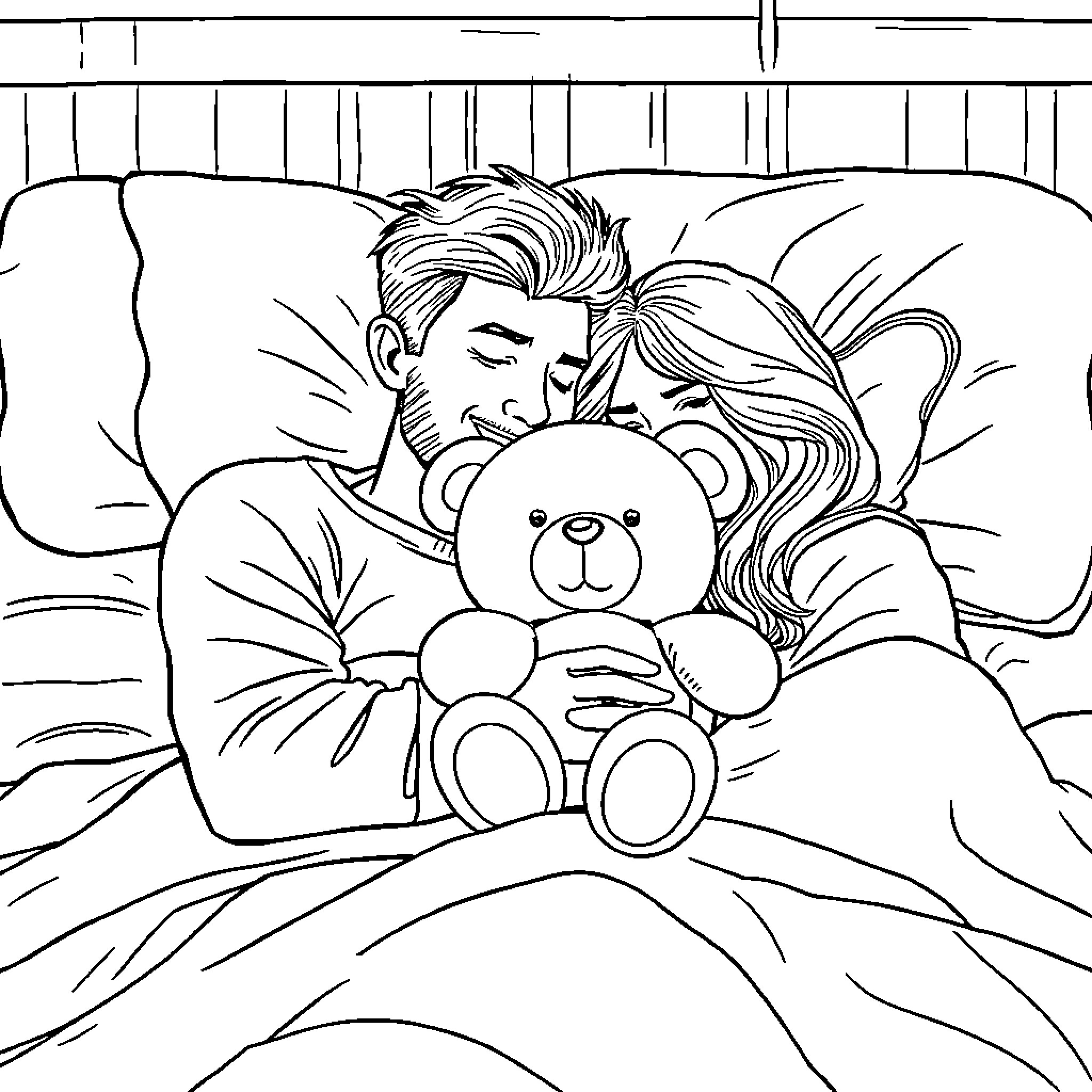 Couple cuddling with stuffed toy on bed Coloring Page (free black-and-white line drawing printable PDF for all, from beginners to advanced learners, including children, teens, adults, and seniors)