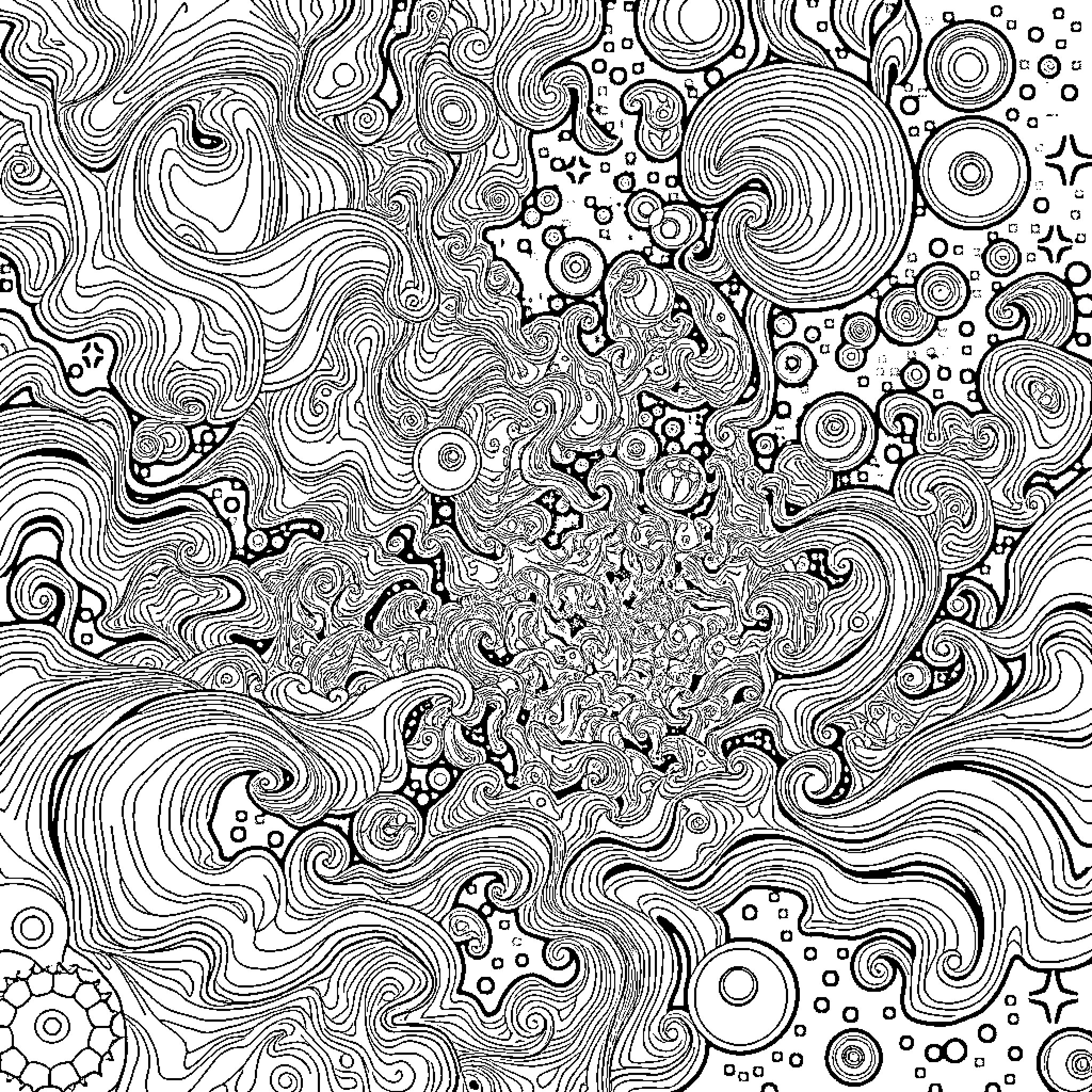 Universe of Abstract Shapes and Patterns Coloring Page (free black-and-white line drawing printable PDF for all, from beginners to advanced learners, including children, teens, adults, and seniors)