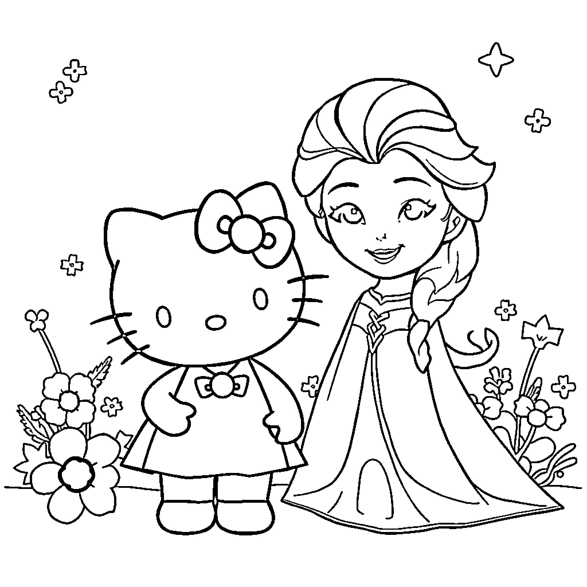 Hello Kitty and Princess Enjoying a Playful Scene Coloring Page (free black-and-white line drawing printable PDF for all, from beginners to advanced learners, including children, teens, adults, and seniors)