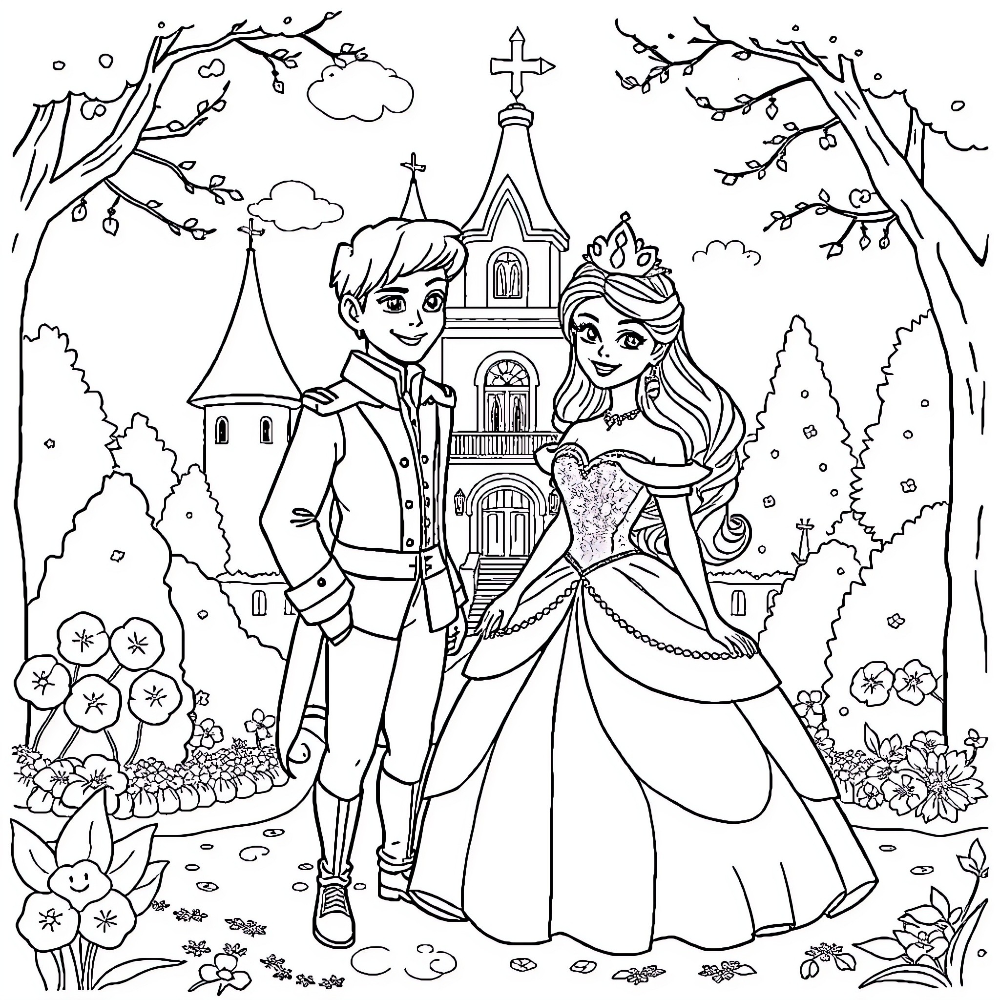Princess and Prince in a Fairytale Setting Coloring Page (free black-and-white line drawing printable PDF for all, from beginners to advanced learners, including children, teens, adults, and seniors)