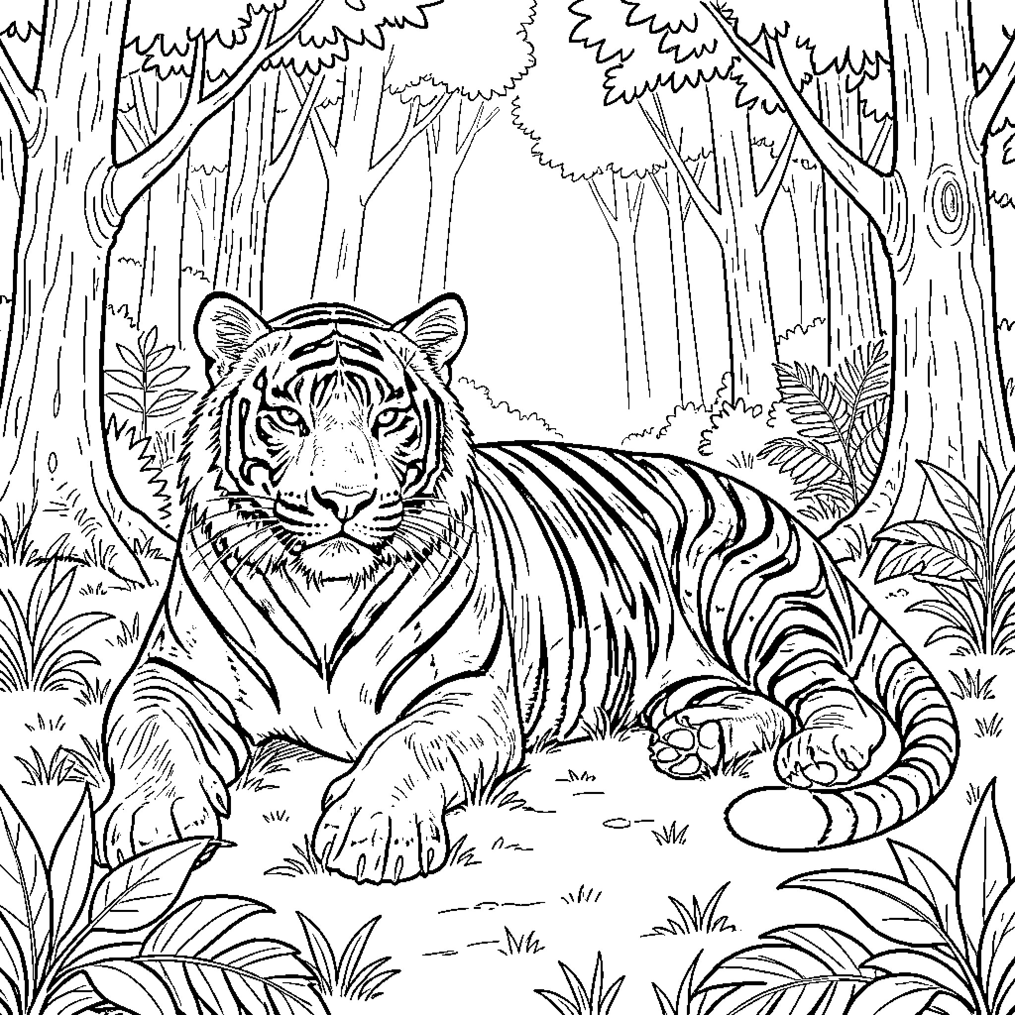 Tiger Resting Peacefully in the Jungle Coloring Page (free black-and-white line drawing printable PDF for all, from beginners to advanced learners, including children, teens, adults, and seniors)