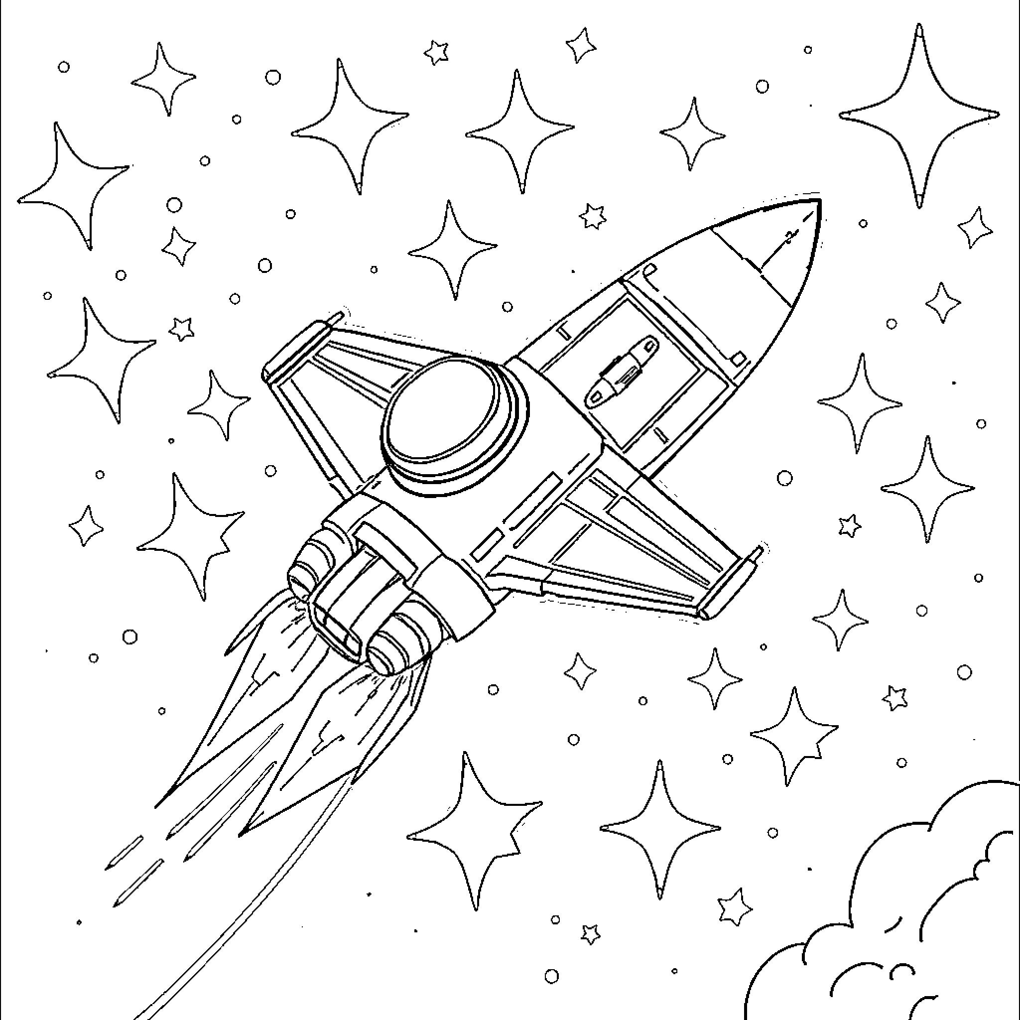 Spaceship launching into starry space Coloring Page (free black-and-white line drawing printable PDF for all, from beginners to advanced learners, including children, teens, adults, and seniors)