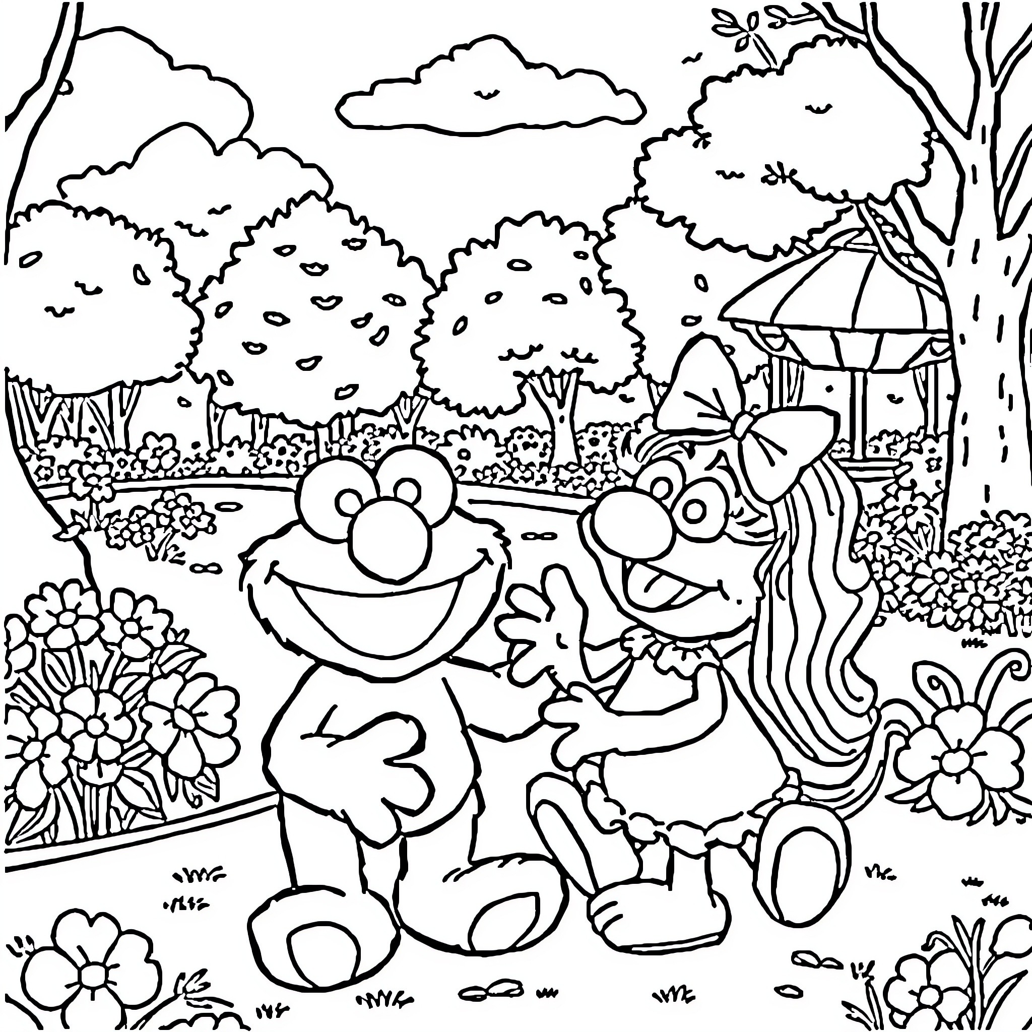 Elmo and friends enjoying a day in the park Coloring Page (free black-and-white line drawing printable PDF for all, from beginners to advanced learners, including children, teens, adults, and seniors)
