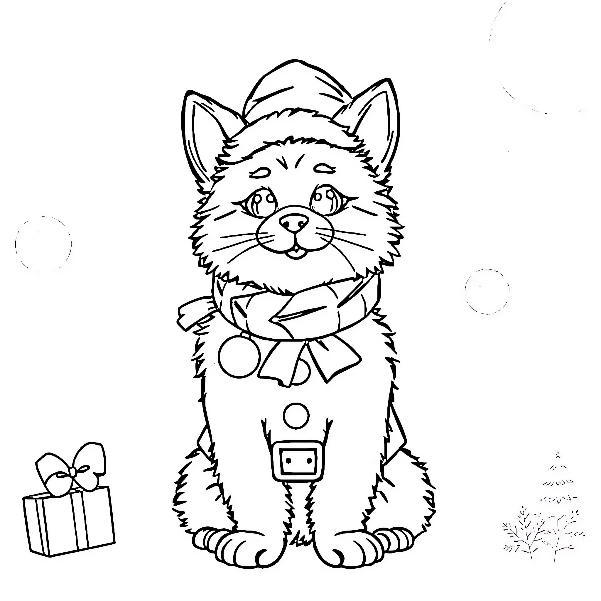 Rumi the Festive Feline with Gifts Coloring Page (free black-and-white line drawing printable PDF for all, from beginners to advanced learners, including children, teens, adults, and seniors)