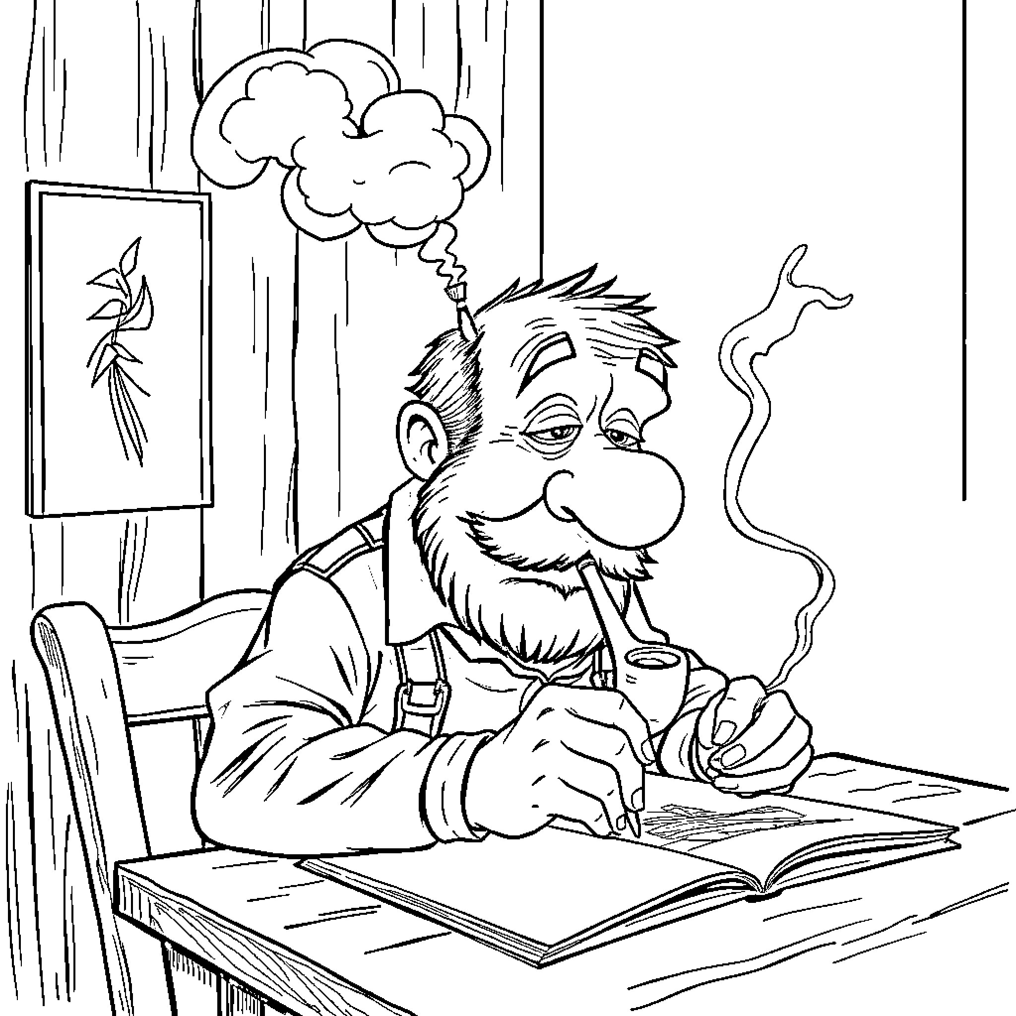 Man focused on writing in study with smoking pipe Coloring Page (free black-and-white line drawing printable PDF for all, from beginners to advanced learners, including children, teens, adults, and seniors)