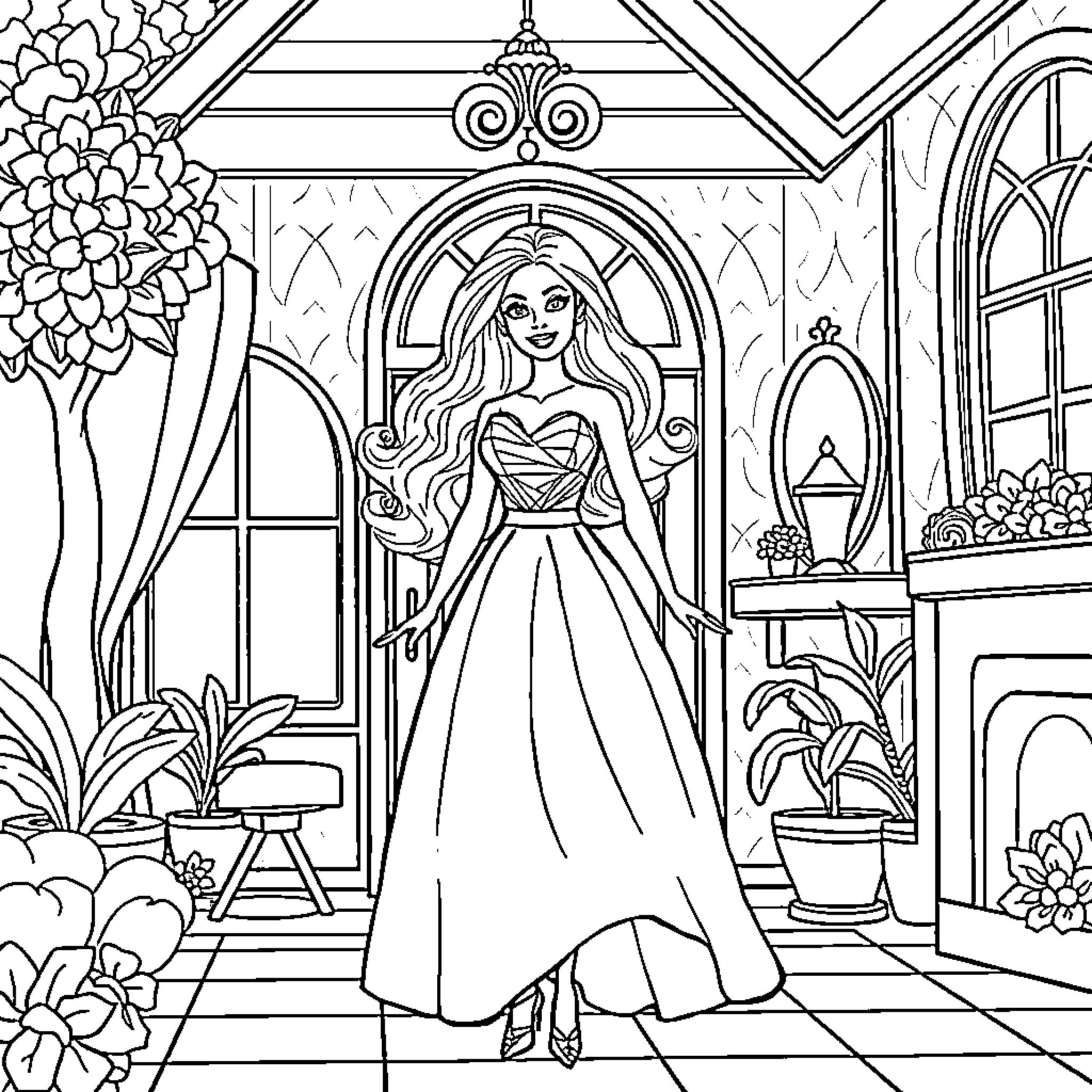 Barbie in a Stately Ballroom Coloring Page (free black-and-white line drawing printable PDF for all, from beginners to advanced learners, including children, teens, adults, and seniors)