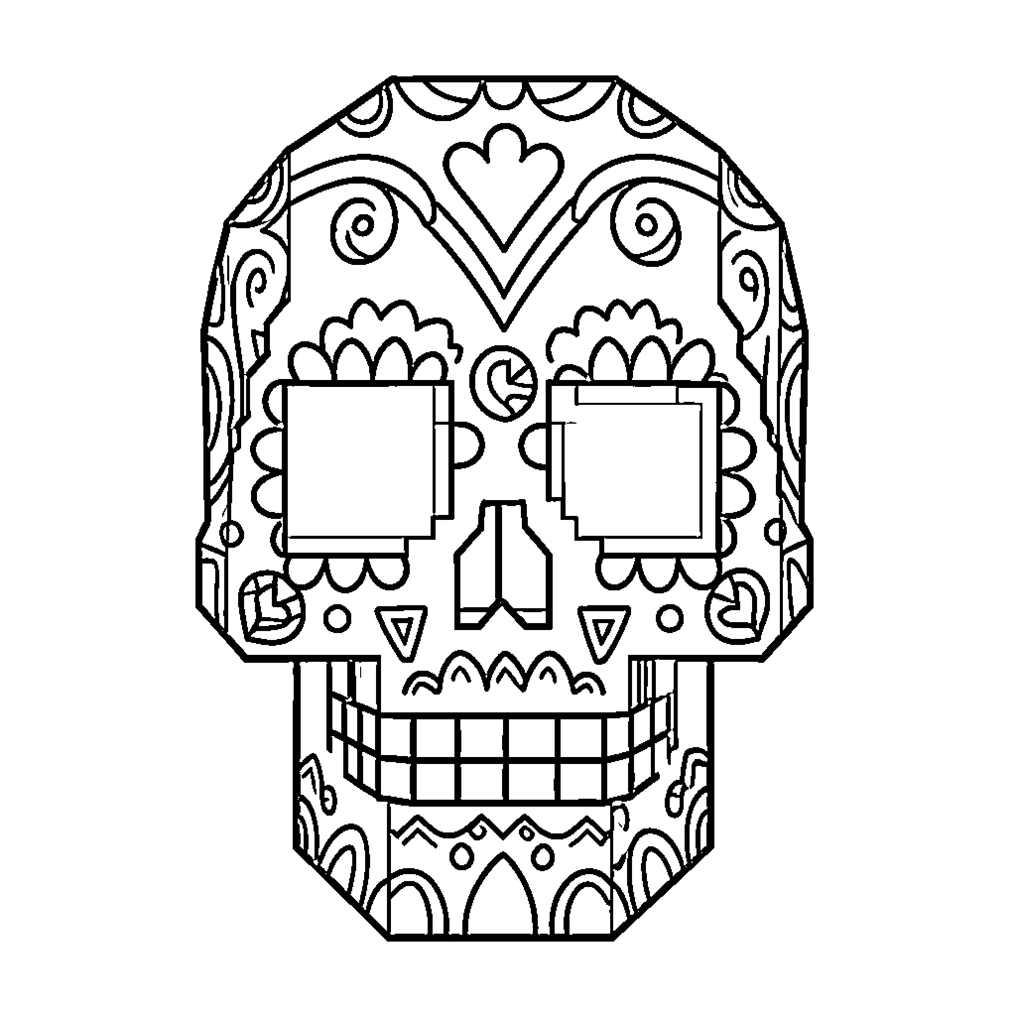 Sugar Skull with intricate decorative patterns and motifs Coloring Page (free black-and-white line drawing printable PDF for all, from beginners to advanced learners, including children, teens, adults, and seniors)