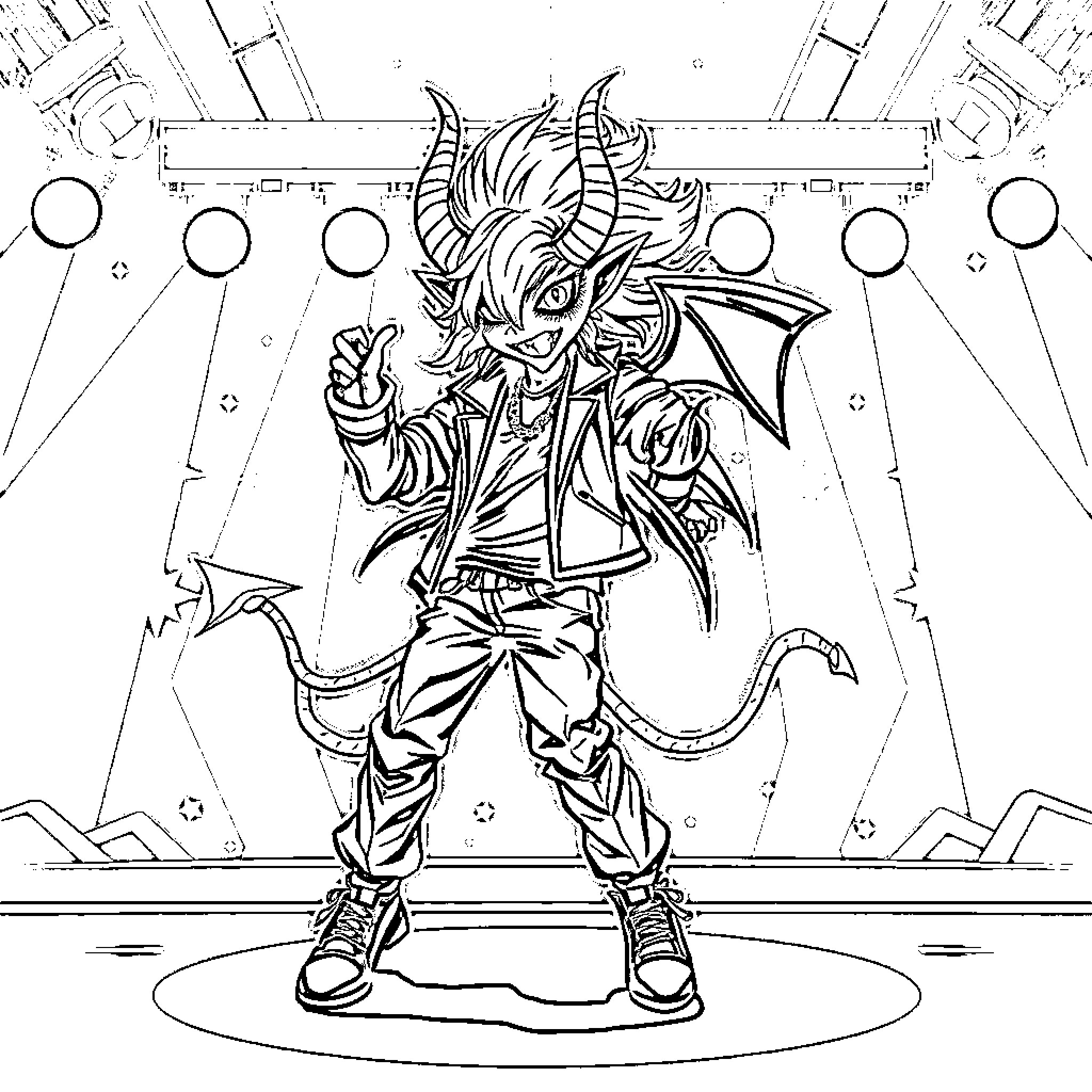 Kpop Demon Unleashes Fierce Performance on Stage Coloring Page (free black-and-white line drawing printable PDF for all, from beginners to advanced learners, including children, teens, adults, and seniors)