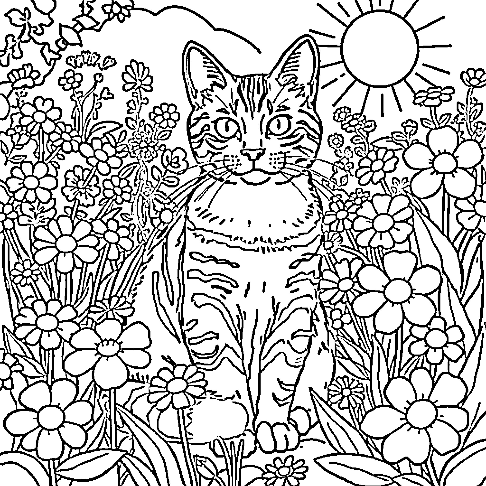 Tabby Cat in Floral Garden Coloring Page (free black-and-white line drawing printable PDF for all, from beginners to advanced learners, including children, teens, adults, and seniors)