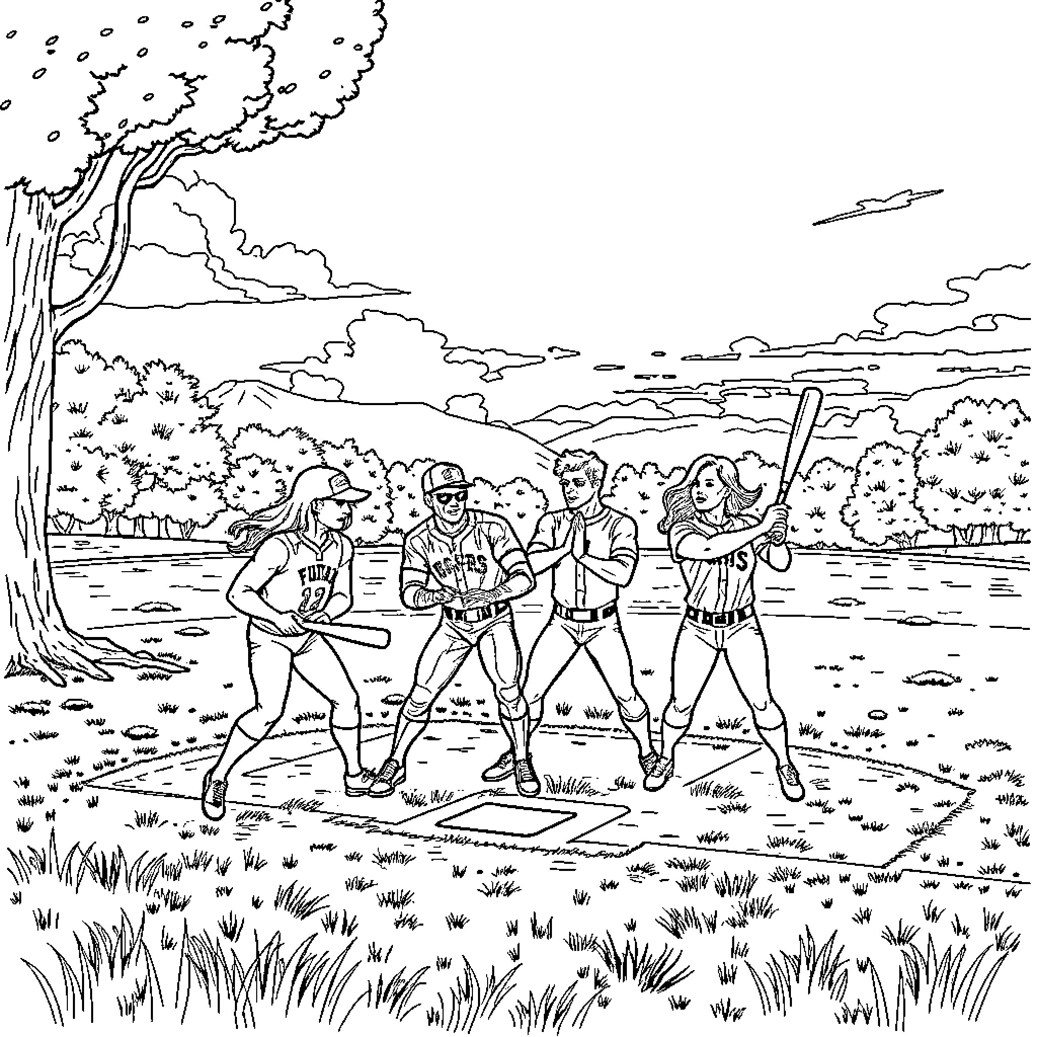 Fantastic Four baseball players in action on the field Coloring Page (free black-and-white line drawing printable PDF for all, from beginners to advanced learners, including children, teens, adults, and seniors)