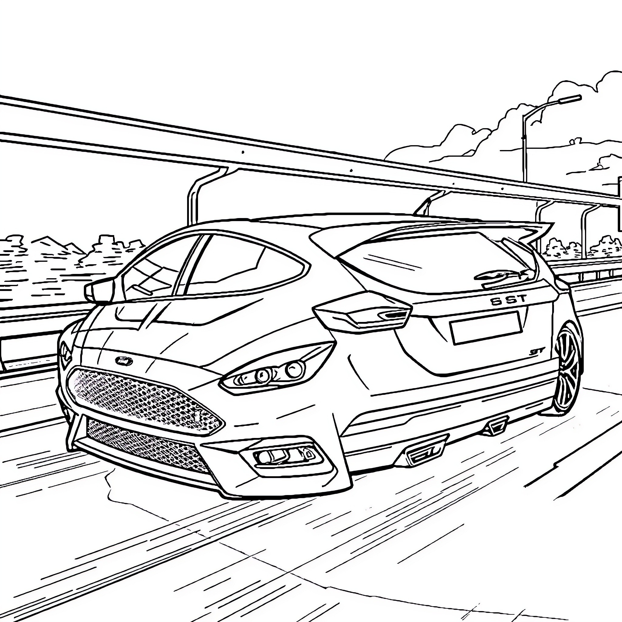 Ford Racing Sports Car on Winding Road Coloring Page (free black-and-white line drawing printable PDF for all, from beginners to advanced learners, including children, teens, adults, and seniors)