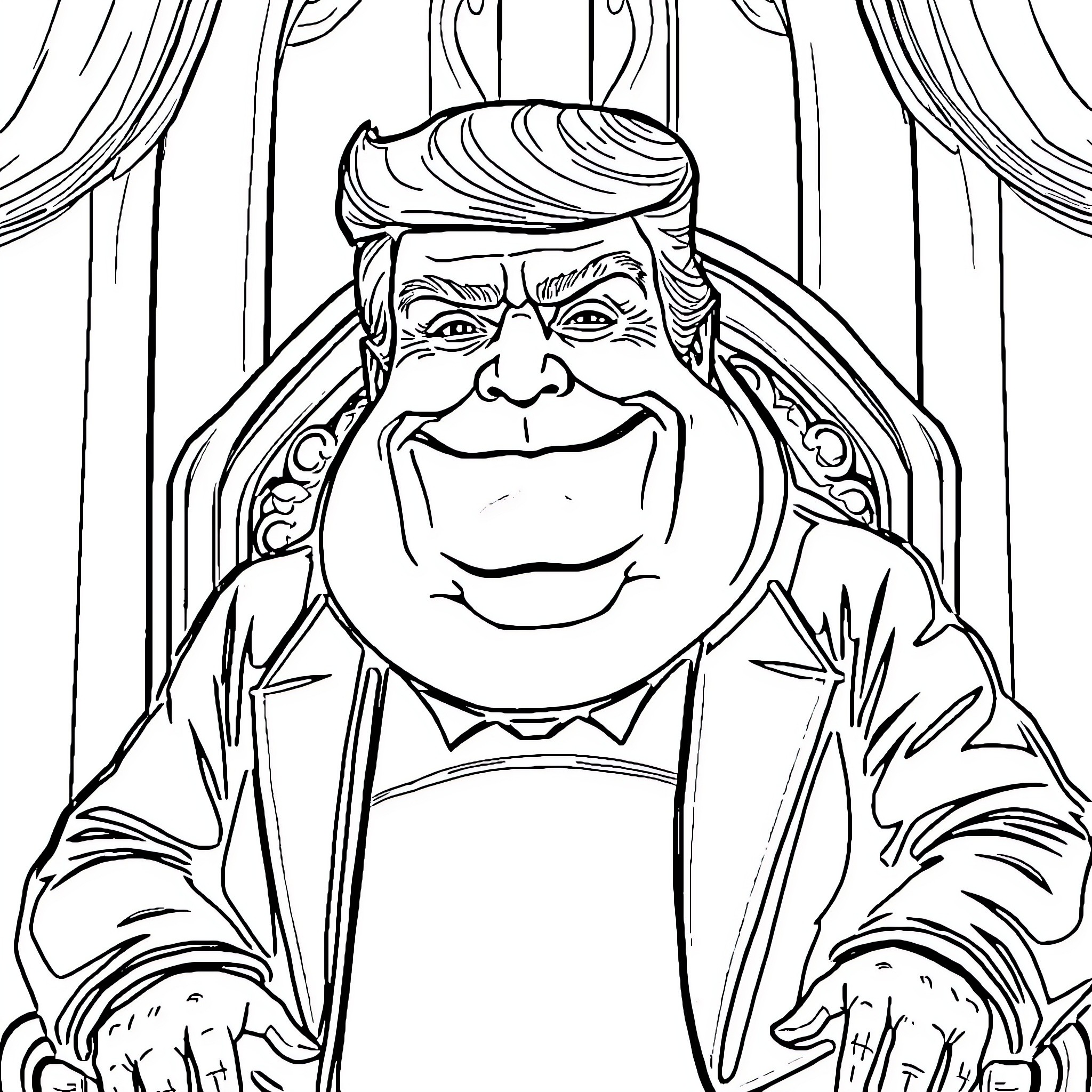 Donald Trump in Cartoonish Caricature Coloring Page (free black-and-white line drawing printable PDF for all, from beginners to advanced learners, including children, teens, adults, and seniors)