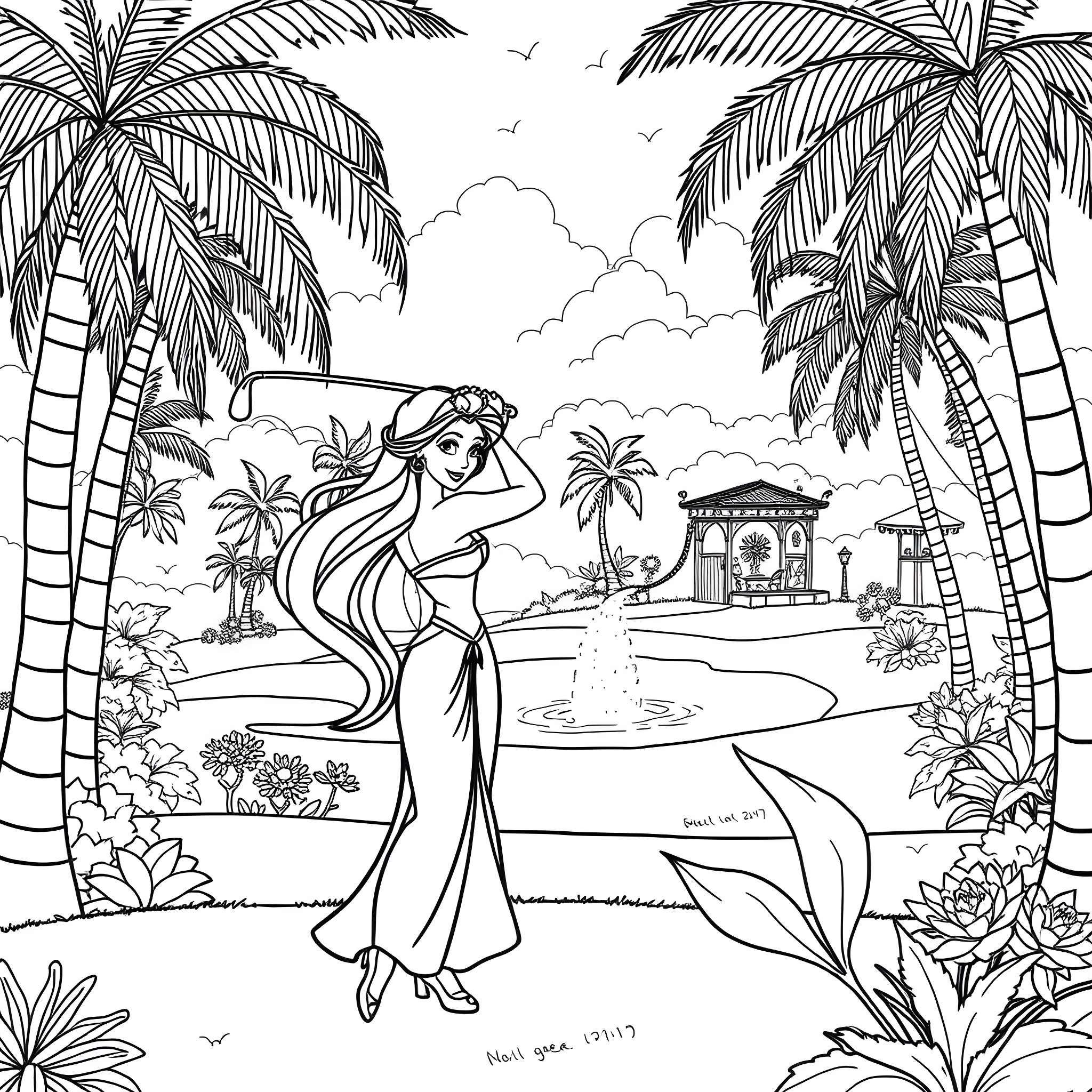 Princess in a Tropical Paradise Coloring Page (free black-and-white line drawing printable PDF for all, from beginners to advanced learners, including children, teens, adults, and seniors)