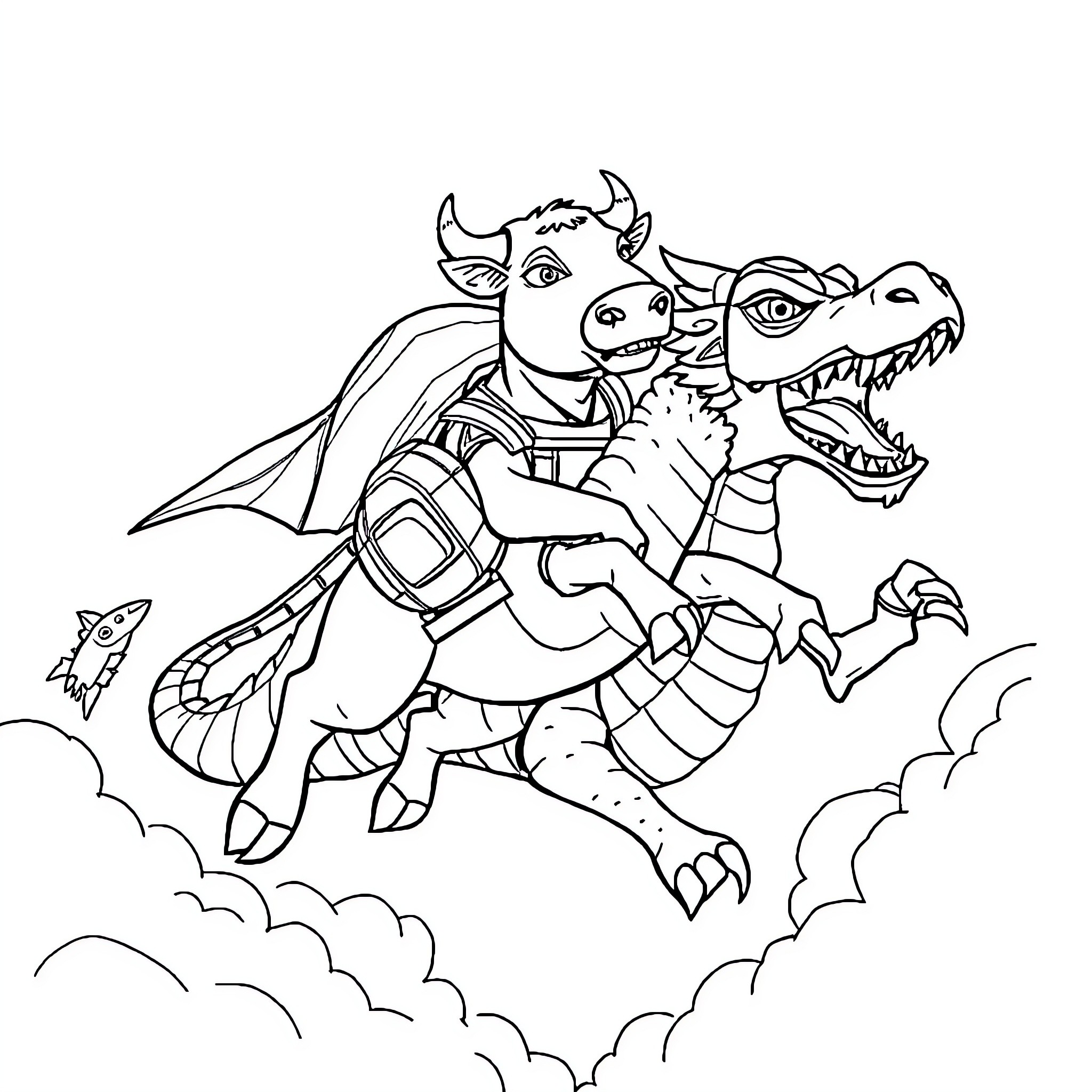 Cow riding a dragon with a tiny companion Coloring Page (free black-and-white line drawing printable PDF for all, from beginners to advanced learners, including children, teens, adults, and seniors)
