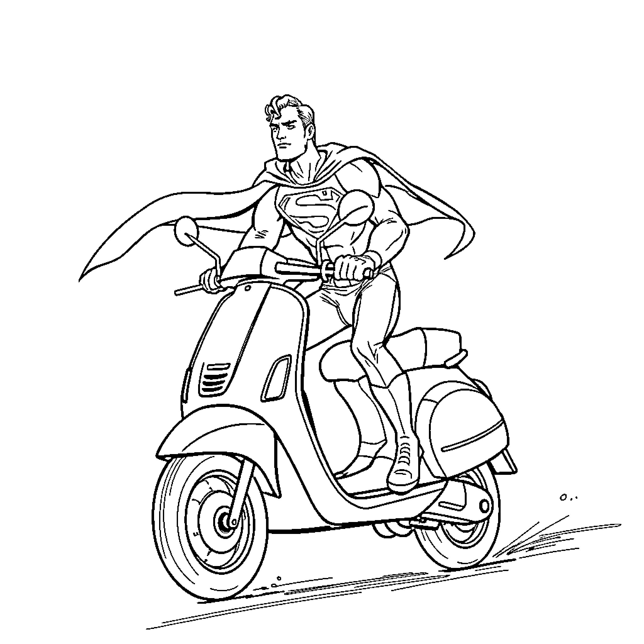 Superman riding a scooter with determination Coloring Page (free black-and-white line drawing printable PDF for all, from beginners to advanced learners, including children, teens, adults, and seniors)