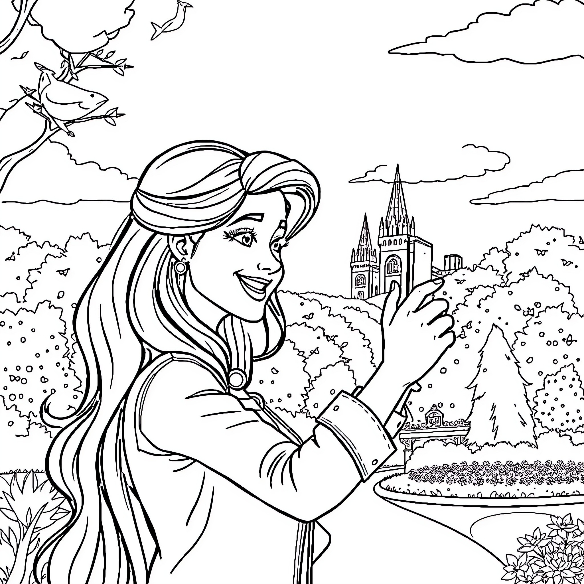 Princess Exploring Enchanted Landscape Coloring Page (free black-and-white line drawing printable PDF for all, from beginners to advanced learners, including children, teens, adults, and seniors)
