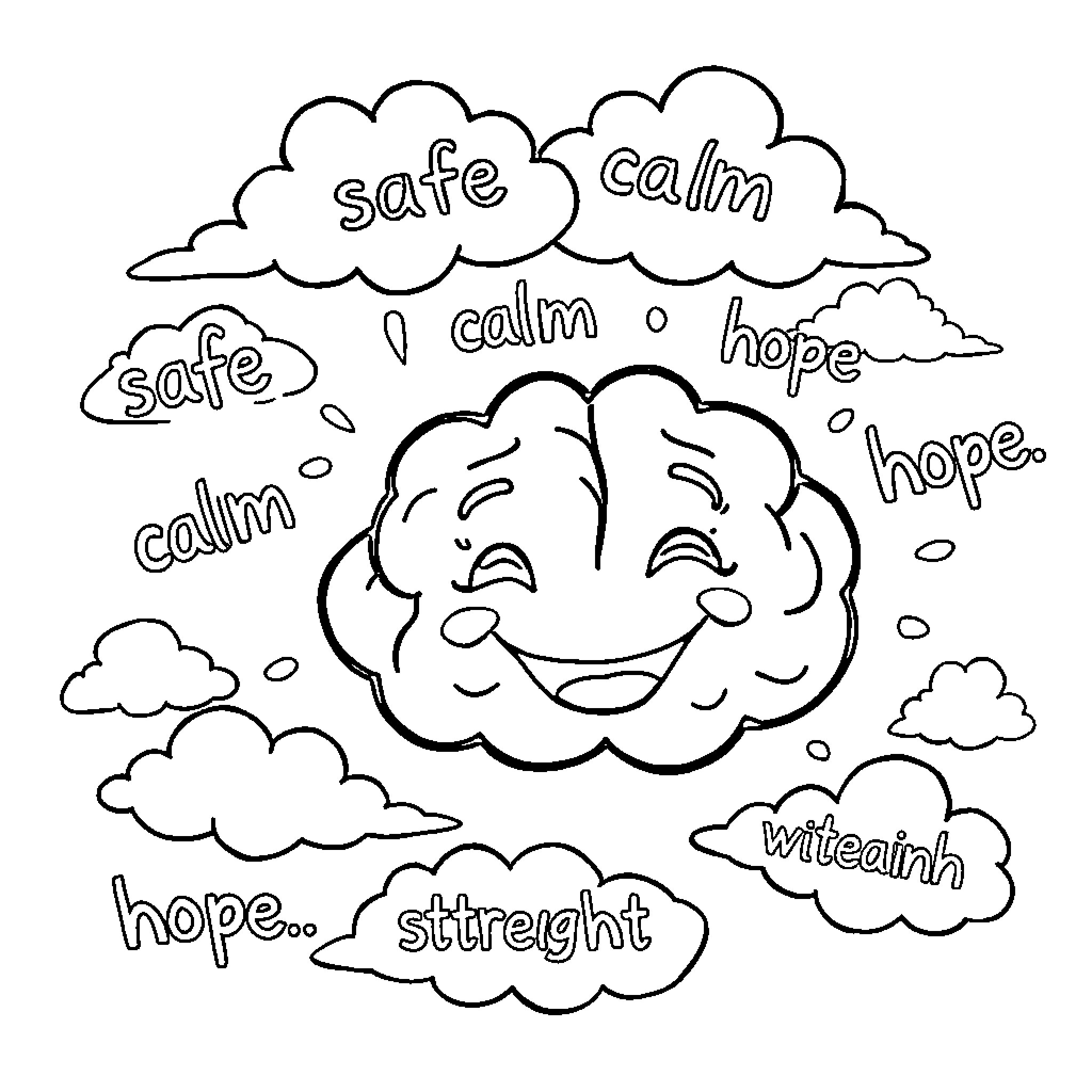 Brain expressing calmness, hope, and safety Coloring Page (free black-and-white line drawing printable PDF for all, from beginners to advanced learners, including children, teens, adults, and seniors)
