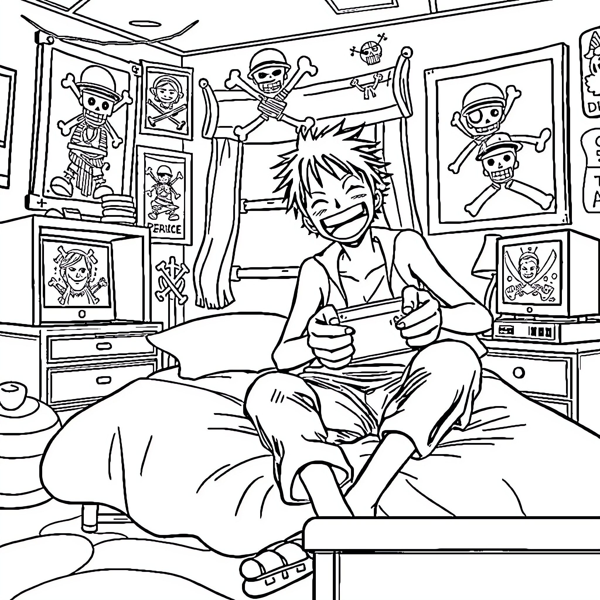 Luffy Relaxing in Pirate Themed Bedroom Coloring Page (free black-and-white line drawing printable PDF for all, from beginners to advanced learners, including children, teens, adults, and seniors)