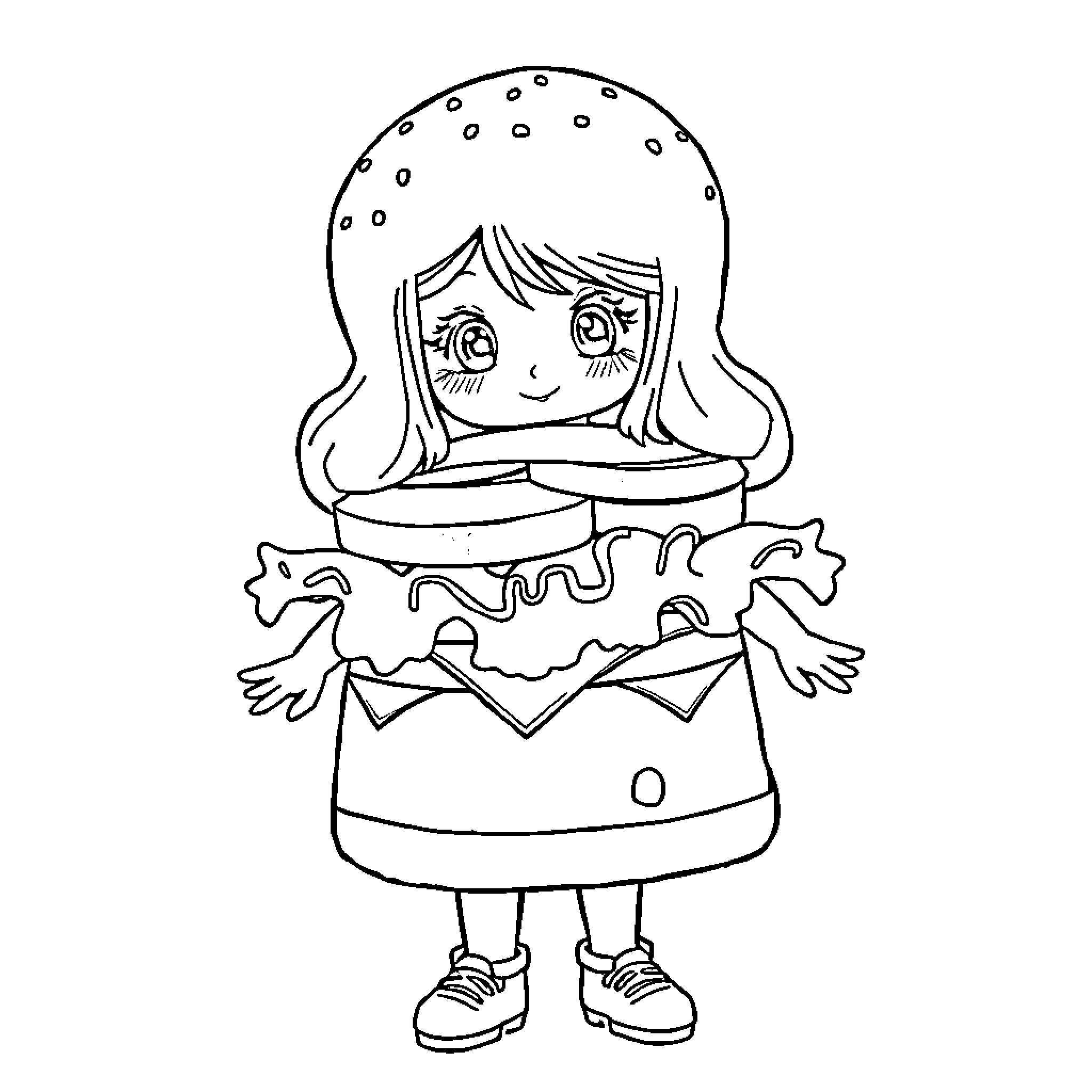 Girl in Stylized Costume Coloring Page (free black-and-white line drawing printable PDF for all, from beginners to advanced learners, including children, teens, adults, and seniors)