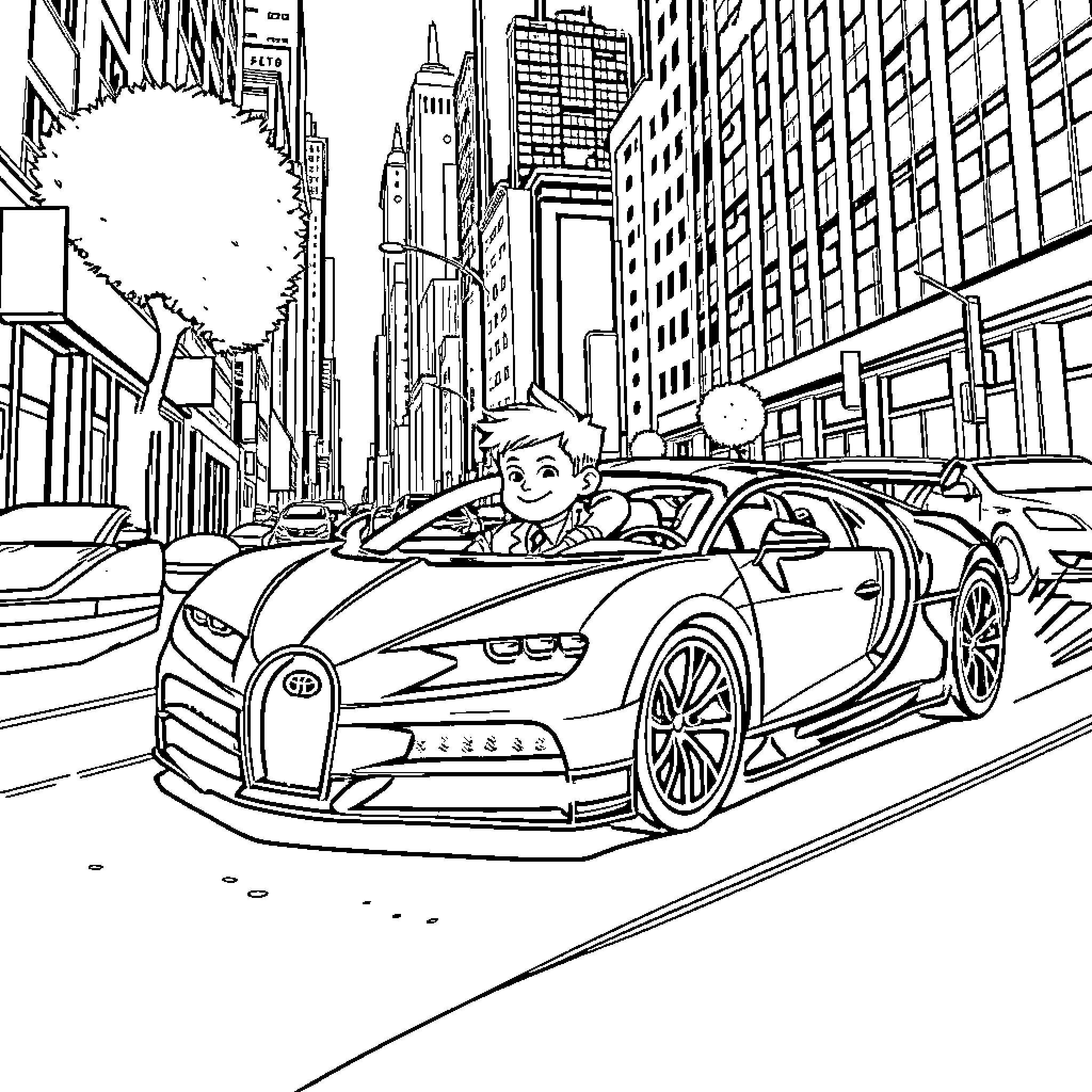 Bugatti supercar speeding through the city Coloring Page (free black-and-white line drawing printable PDF for all, from beginners to advanced learners, including children, teens, adults, and seniors)