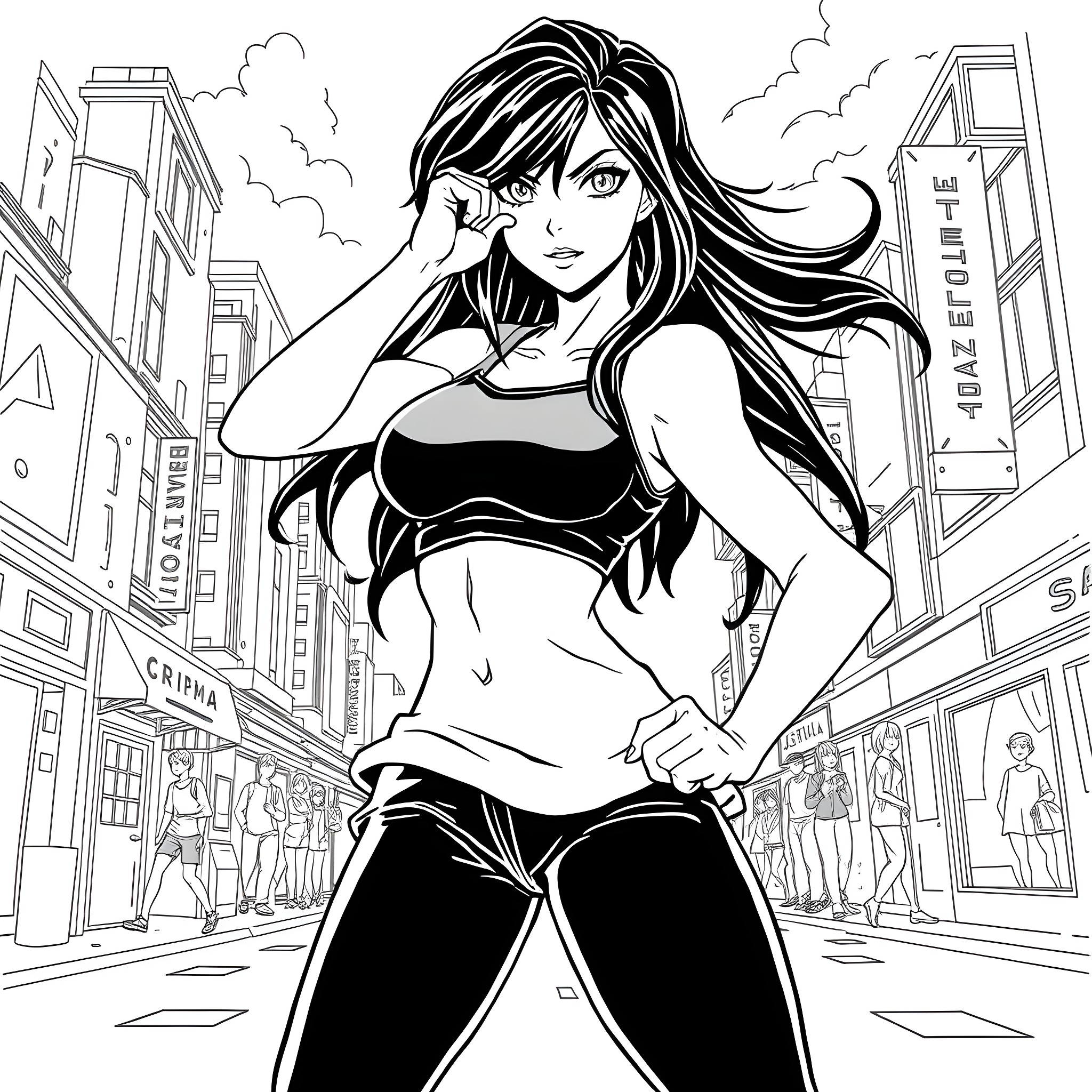 Tifa standing confidently in the city Coloring Page (free black-and-white line drawing printable PDF for all, from beginners to advanced learners, including children, teens, adults, and seniors)