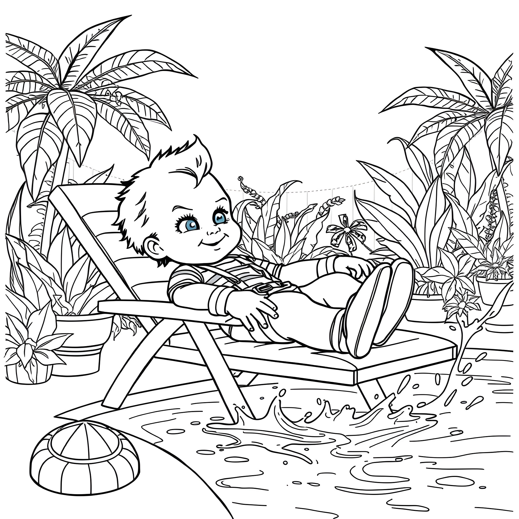 Chucky relaxing on the beach with tropical plants Coloring Page (free black-and-white line drawing printable PDF for all, from beginners to advanced learners, including children, teens, adults, and seniors)