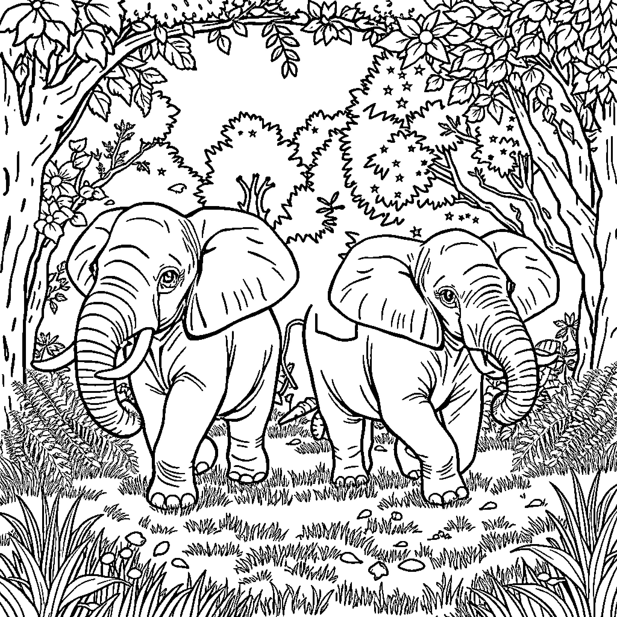 Calf elephants enjoying the lush forest Coloring Page (free black-and-white line drawing printable PDF for all, from beginners to advanced learners, including children, teens, adults, and seniors)