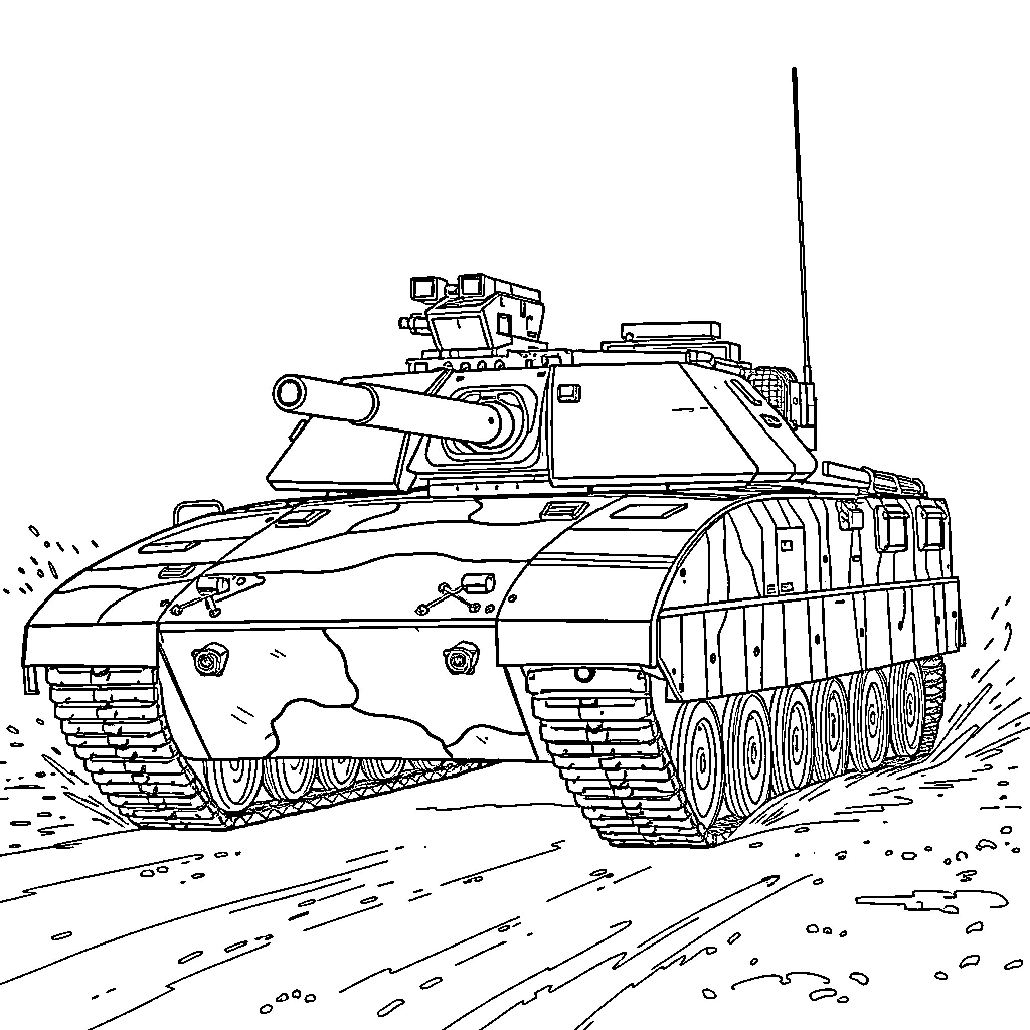 M2A3 Bradley armored vehicle in action Coloring Page (free black-and-white line drawing printable PDF for all, from beginners to advanced learners, including children, teens, adults, and seniors)