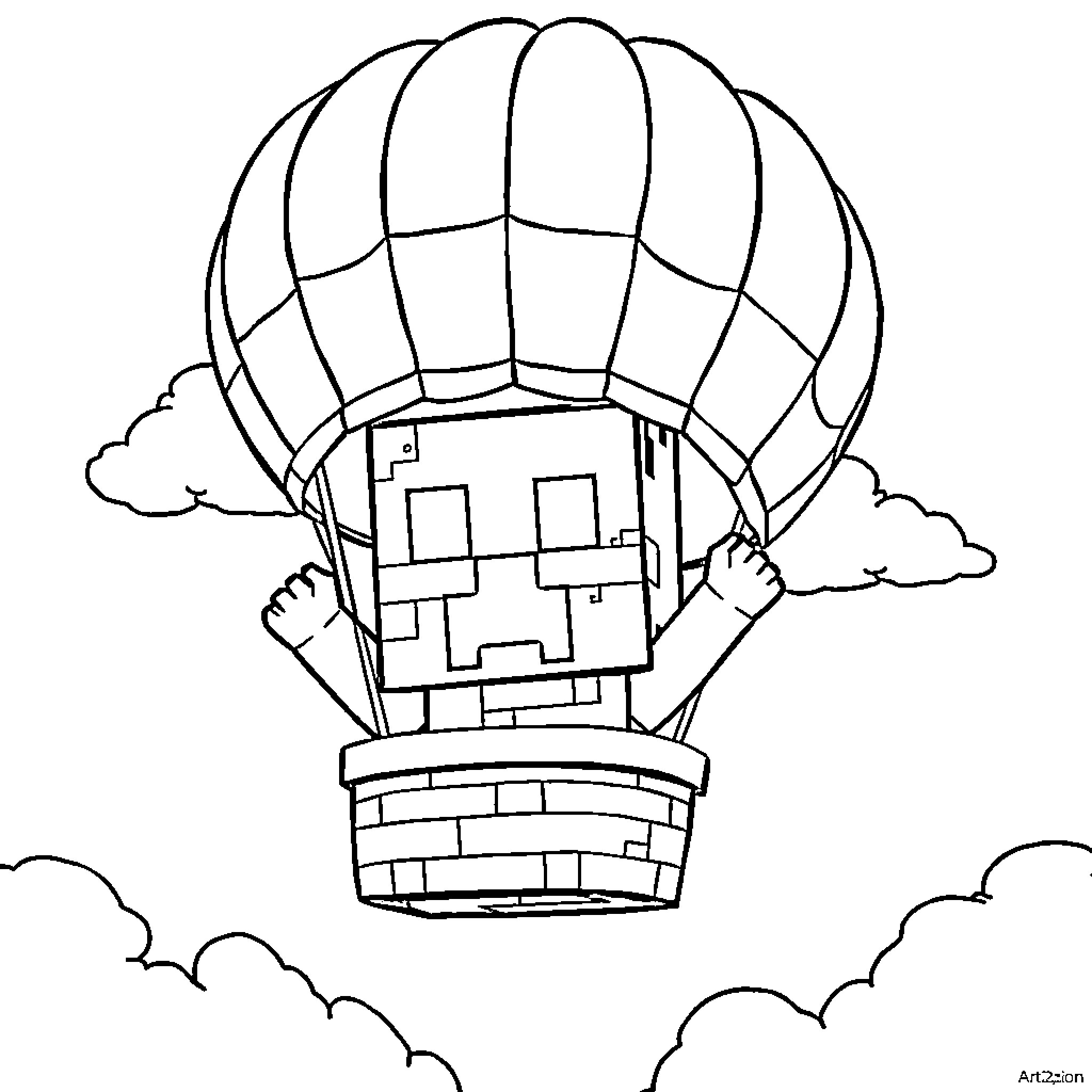 Creeper in a hot air balloon soaring above the clouds Coloring Page (free black-and-white line drawing printable PDF for all, from beginners to advanced learners, including children, teens, adults, and seniors)