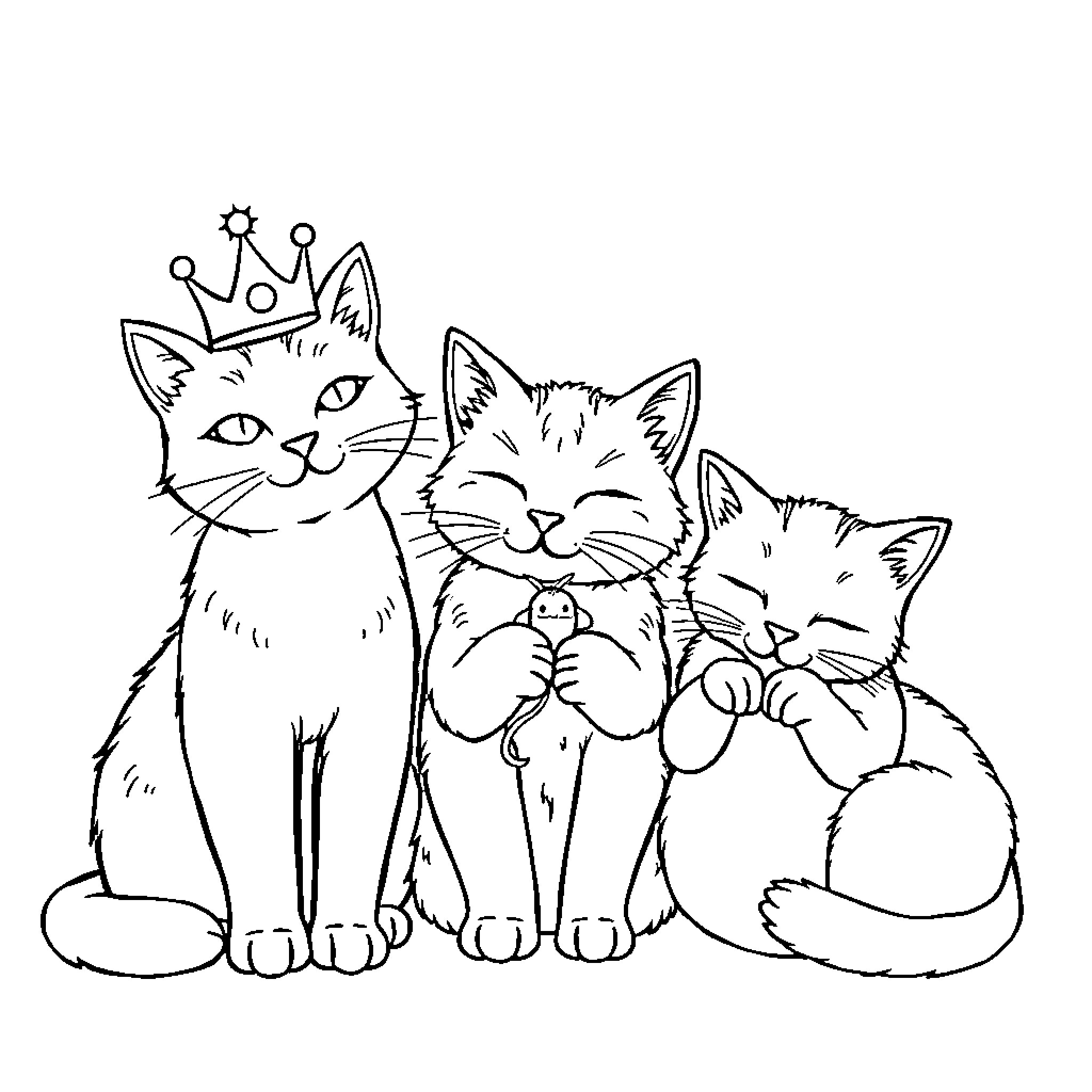 Cats in royal attire playing together Coloring Page (free black-and-white line drawing printable PDF for all, from beginners to advanced learners, including children, teens, adults, and seniors)