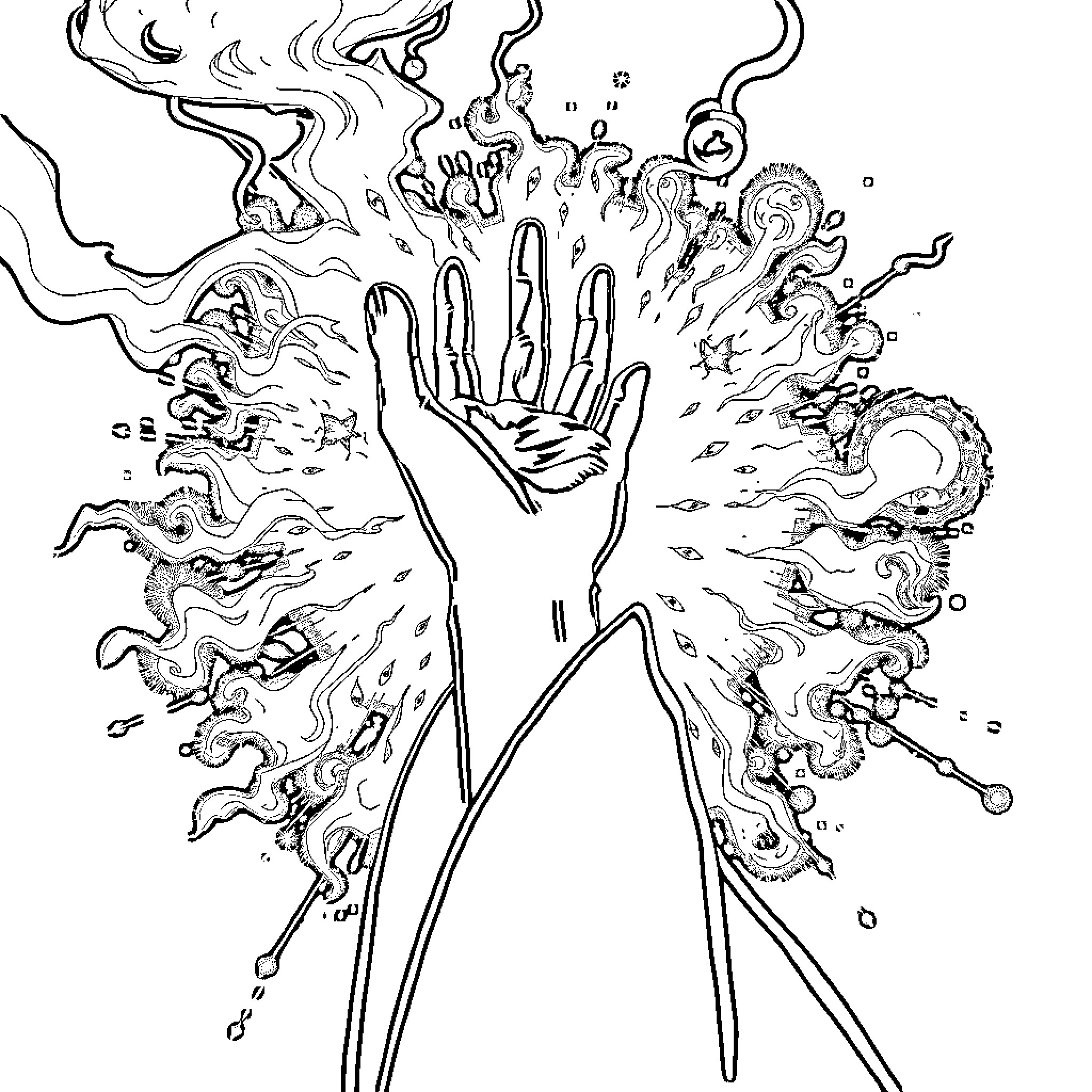 Sorcerer Hand Casting Magical Spells Coloring Page (free black-and-white line drawing printable PDF for all, from beginners to advanced learners, including children, teens, adults, and seniors)