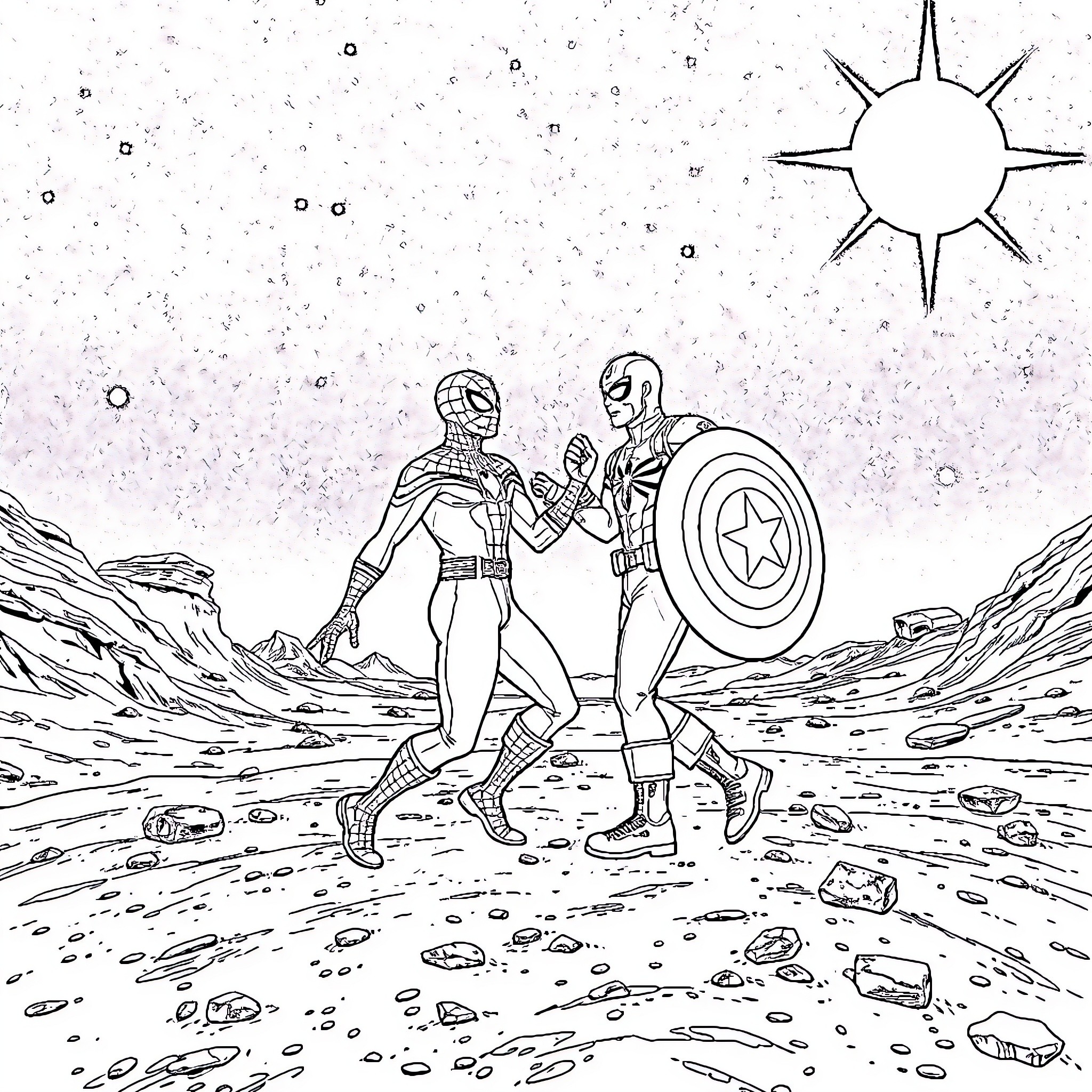 Spiderman and Captain America in desert battle Coloring Page (free black-and-white line drawing printable PDF for all, from beginners to advanced learners, including children, teens, adults, and seniors)