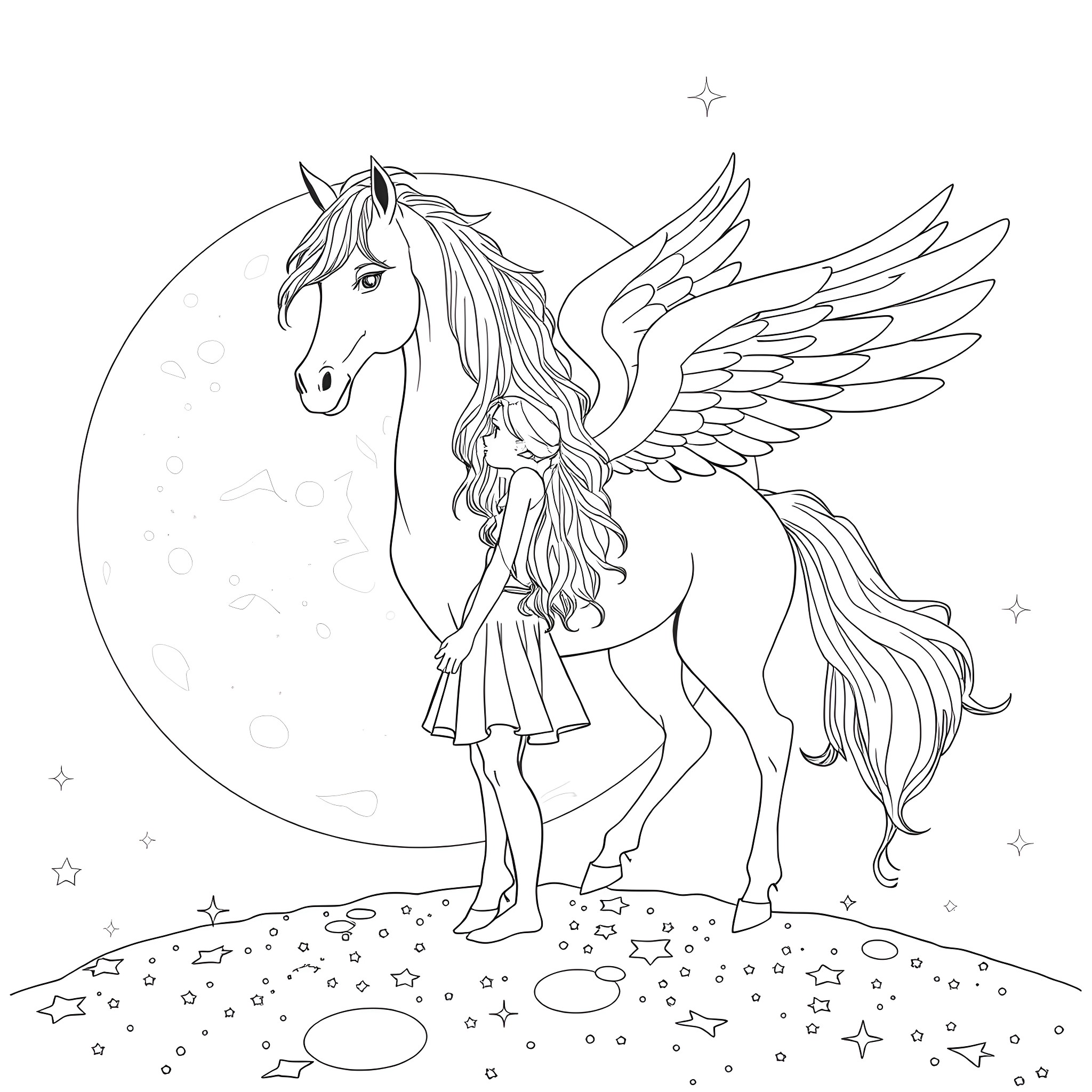 Girl with winged unicorn in the starry field Coloring Page (free black-and-white line drawing printable PDF for all, from beginners to advanced learners, including children, teens, adults, and seniors)